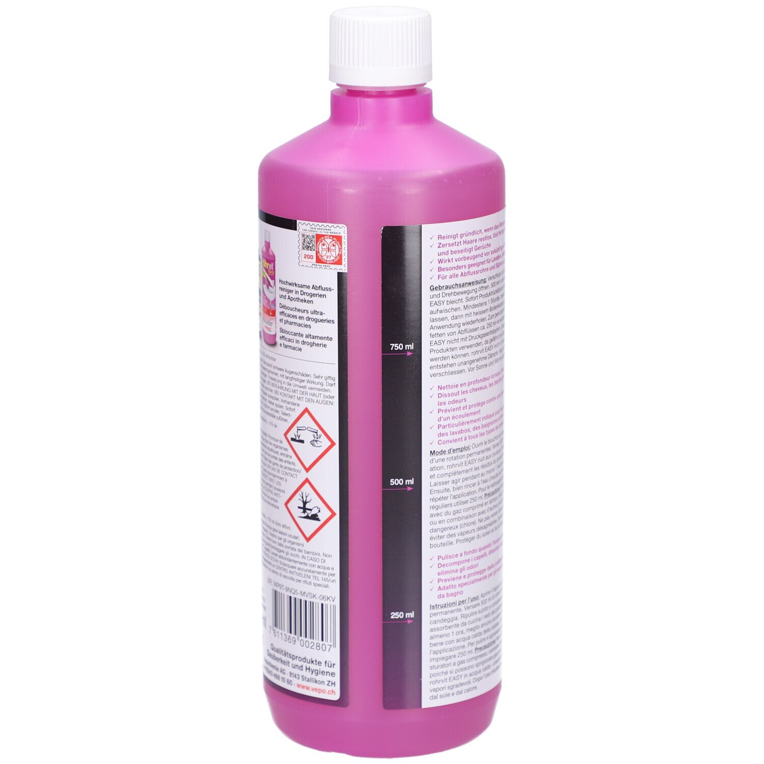 Bouteille rose avec bouchon blanc. Dos avec échelle de mesure, avertissements et informations sur le contenu. Code QR.