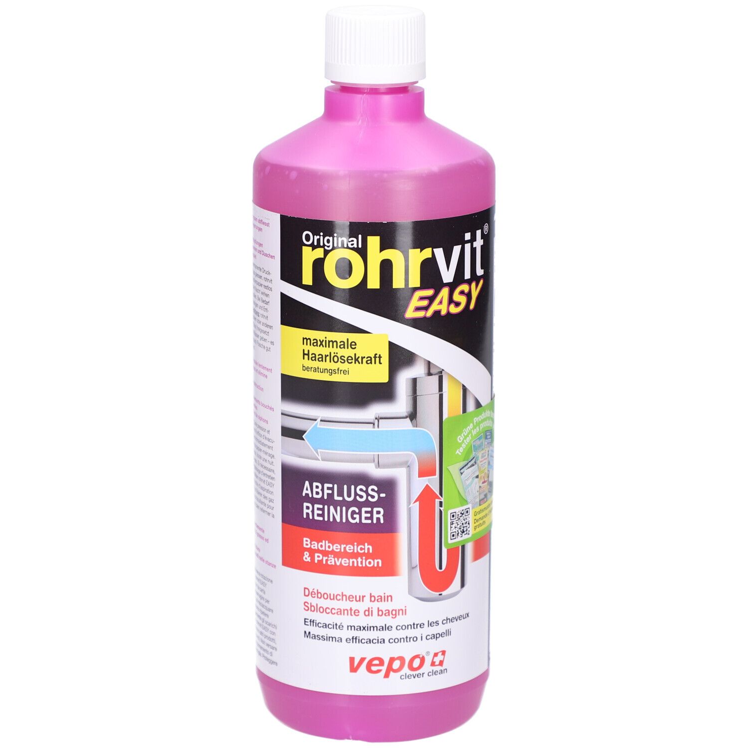 Bouteille rose avec bouchon blanc. Inscription: Rohrvit EASY, déboucheur. Contient des pictogrammes et un code QR.