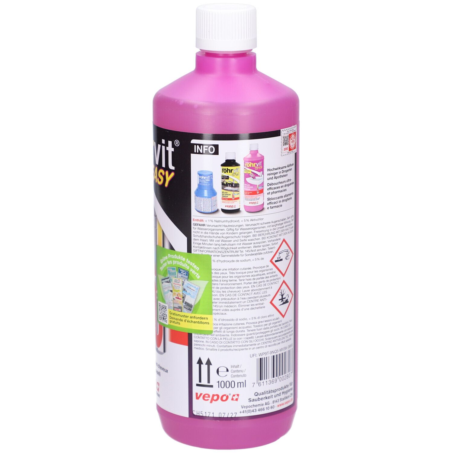 Bouteille rose avec bouchon blanc. Dos avec texte, avertissements et informations sur le contenu. Code QR et info-box.