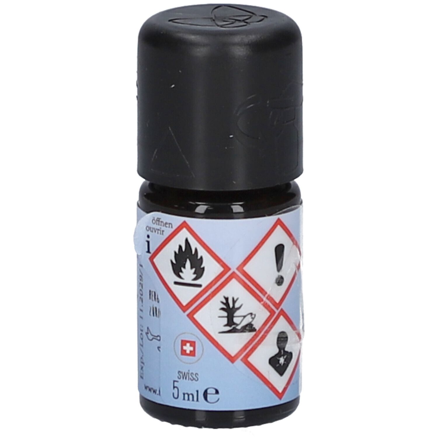 Flacon en verre brun avec bouchon noir. Inscription: Farfalla, 5 ml. Étiquette avec symboles de danger, croix suisse.