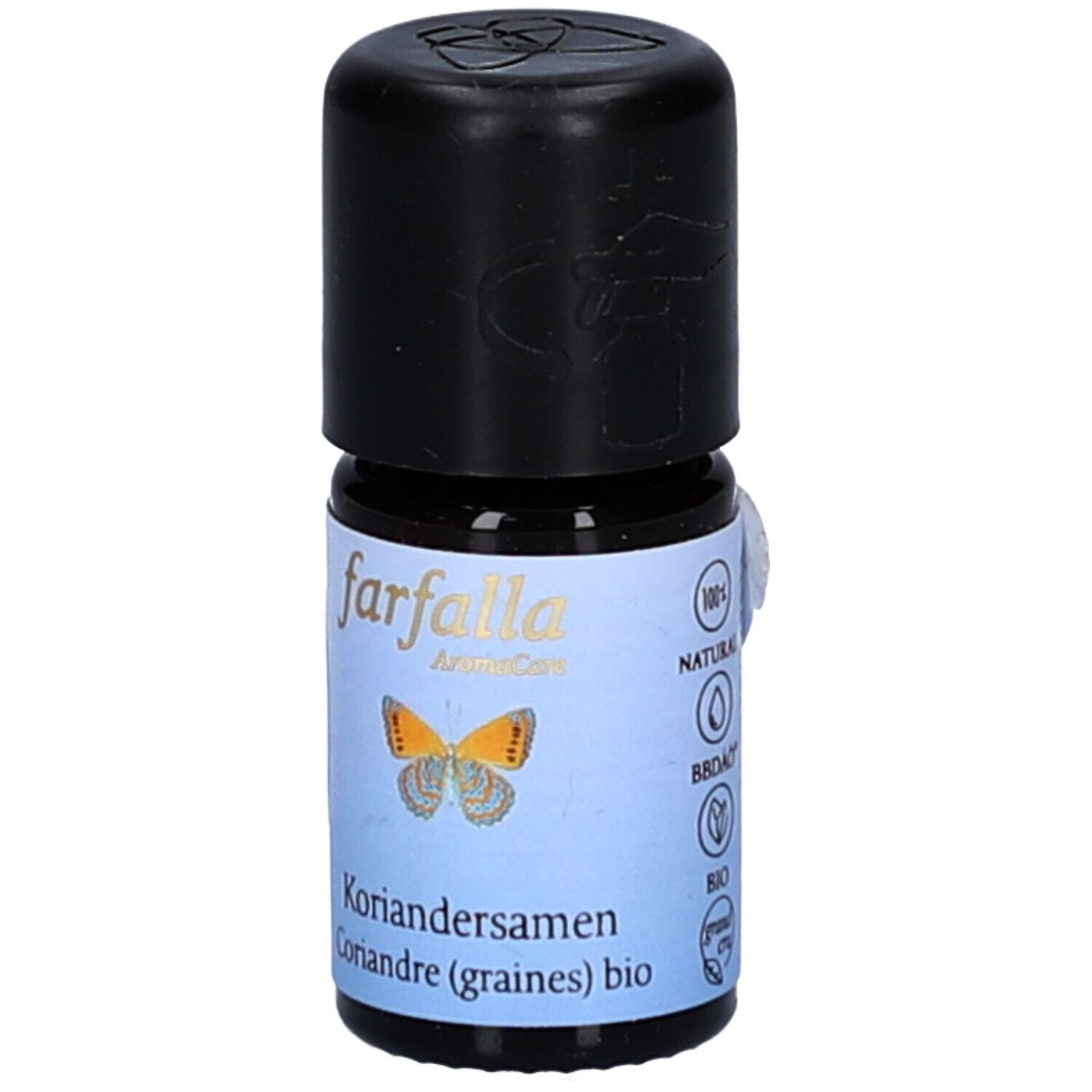 Flacon en verre brun avec bouchon noir. Inscription: Farfalla, graines de coriandre bio. Étiquette avec papillon et certifications.