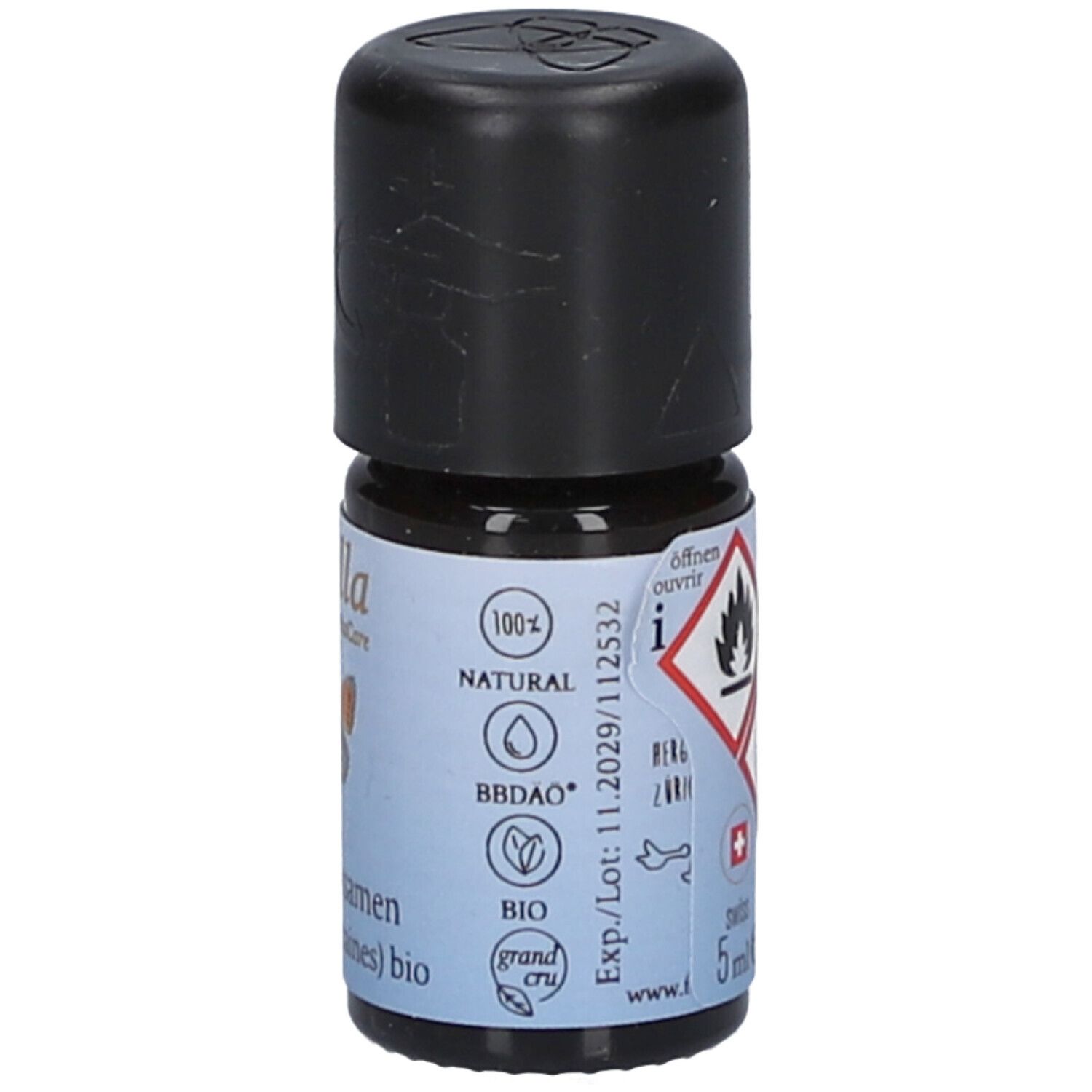 Flacon en verre brun avec bouchon noir. Inscription: Farfalla, graines de coriandre bio. Étiquette avec symboles de danger, croix suisse, 5 ml.