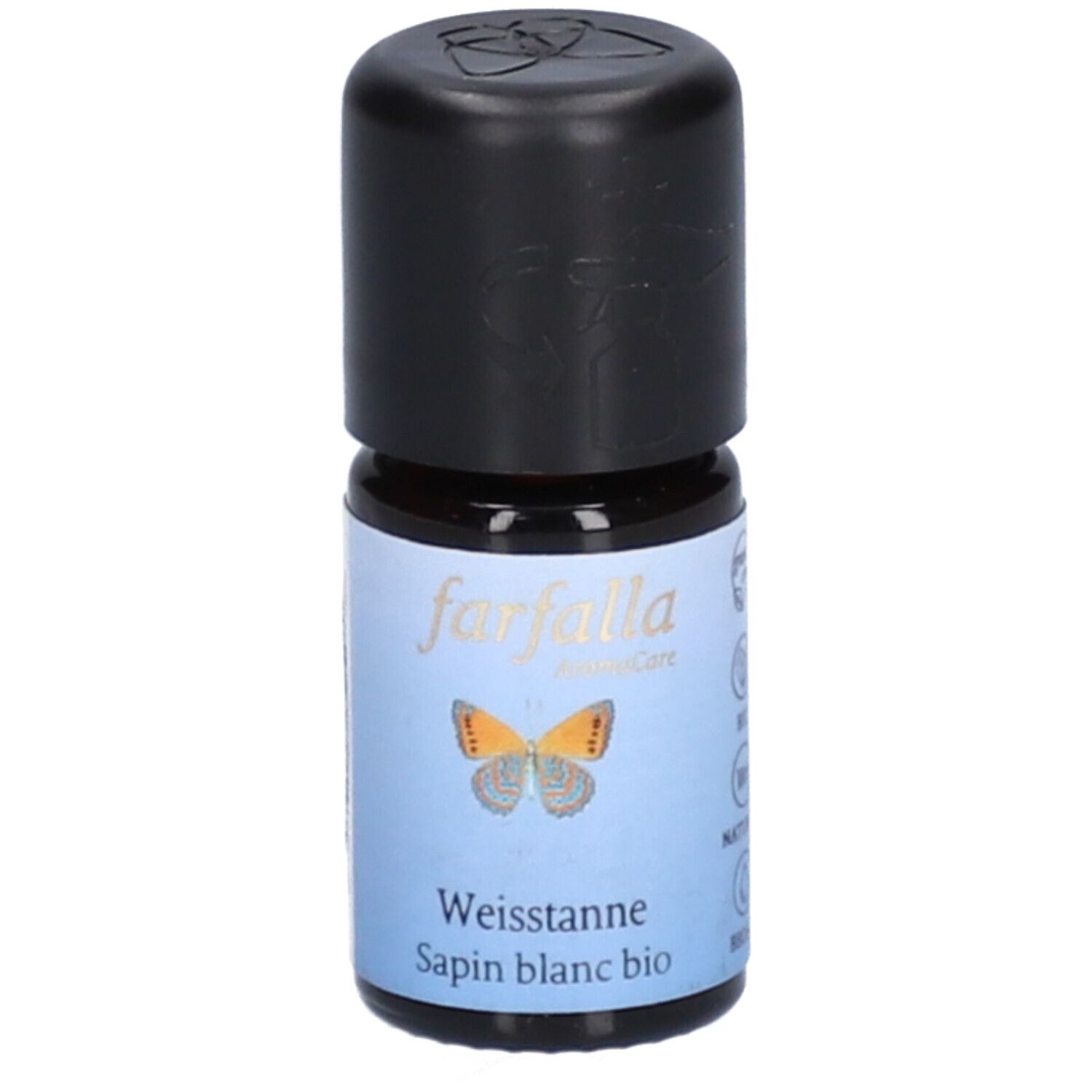 Petite bouteille en verre brun avec bouchon noir. Étiquette avec papillon et texte. Weiss tanne, Sapin blanc bio.