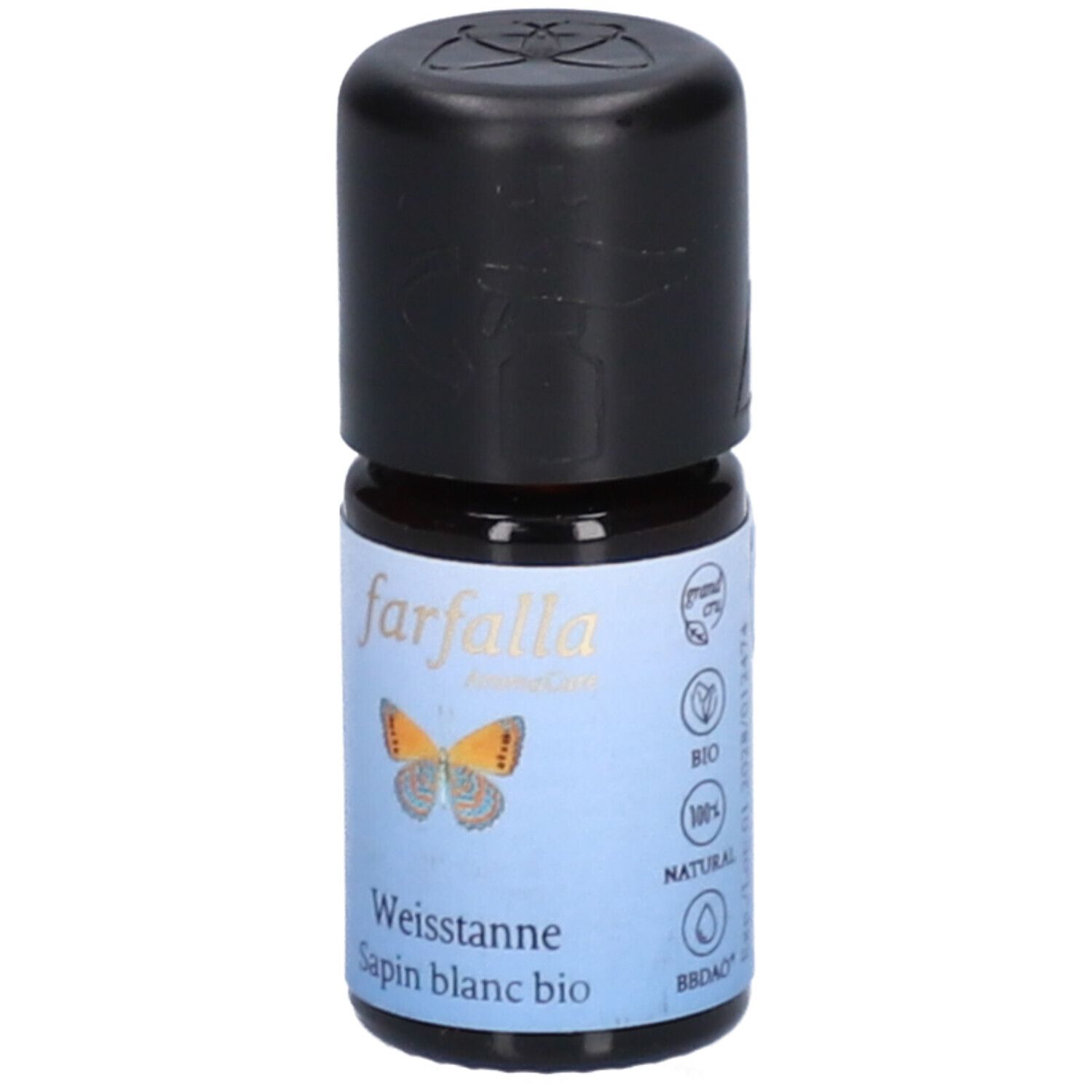 Petite bouteille en verre brun avec bouchon noir. Étiquette avec papillon, texte et label bio. Weiss tanne, Sapin blanc bio.