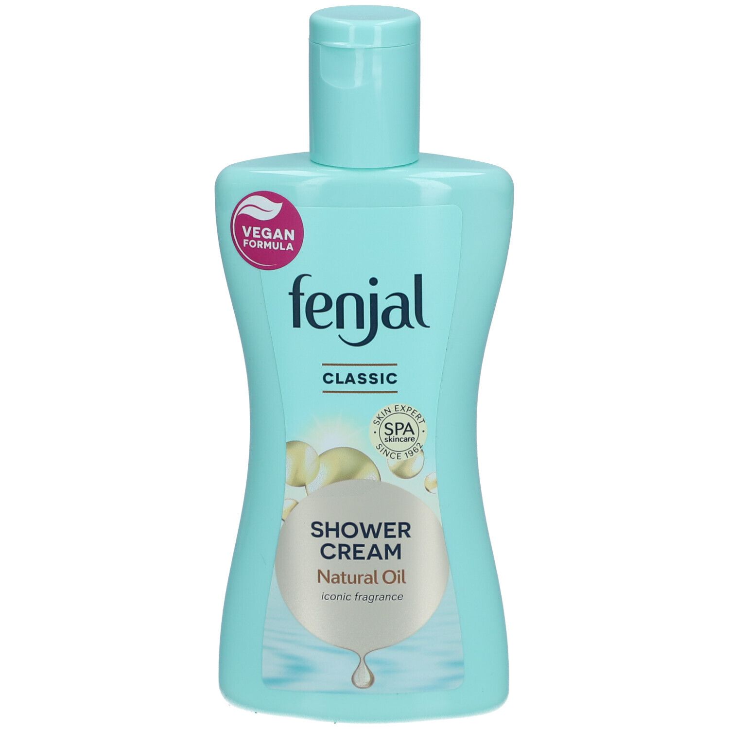 Gel douche bleu clair Fenjal. Formule végétalienne. Inscription: Classic, Shower Cream, Natural Oil, Iconic fragrance. Sceau Spa.