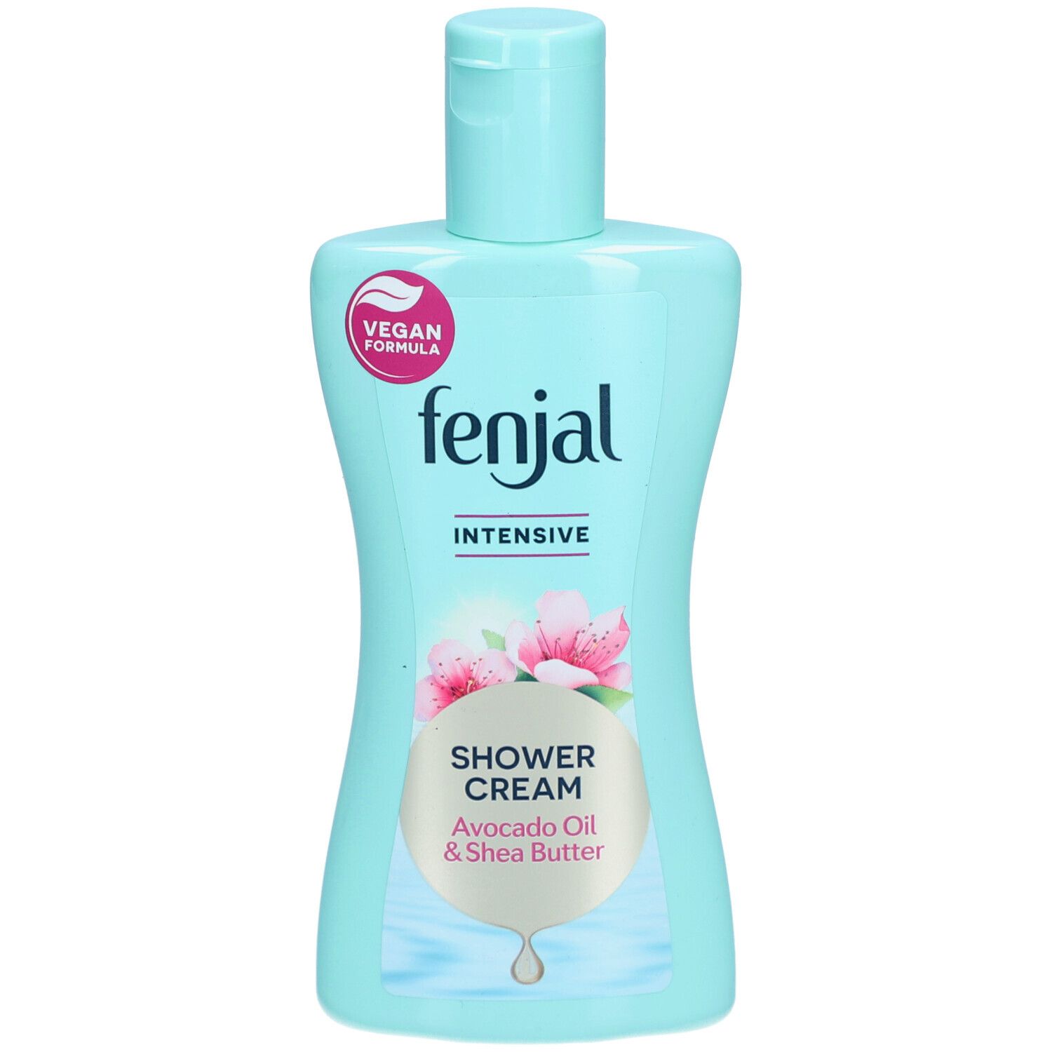 Flacon bleu clair "fenjal", "Intensive" et "Shower Cream". Logo végétalien. Huile d'avocat et beurre de karité.