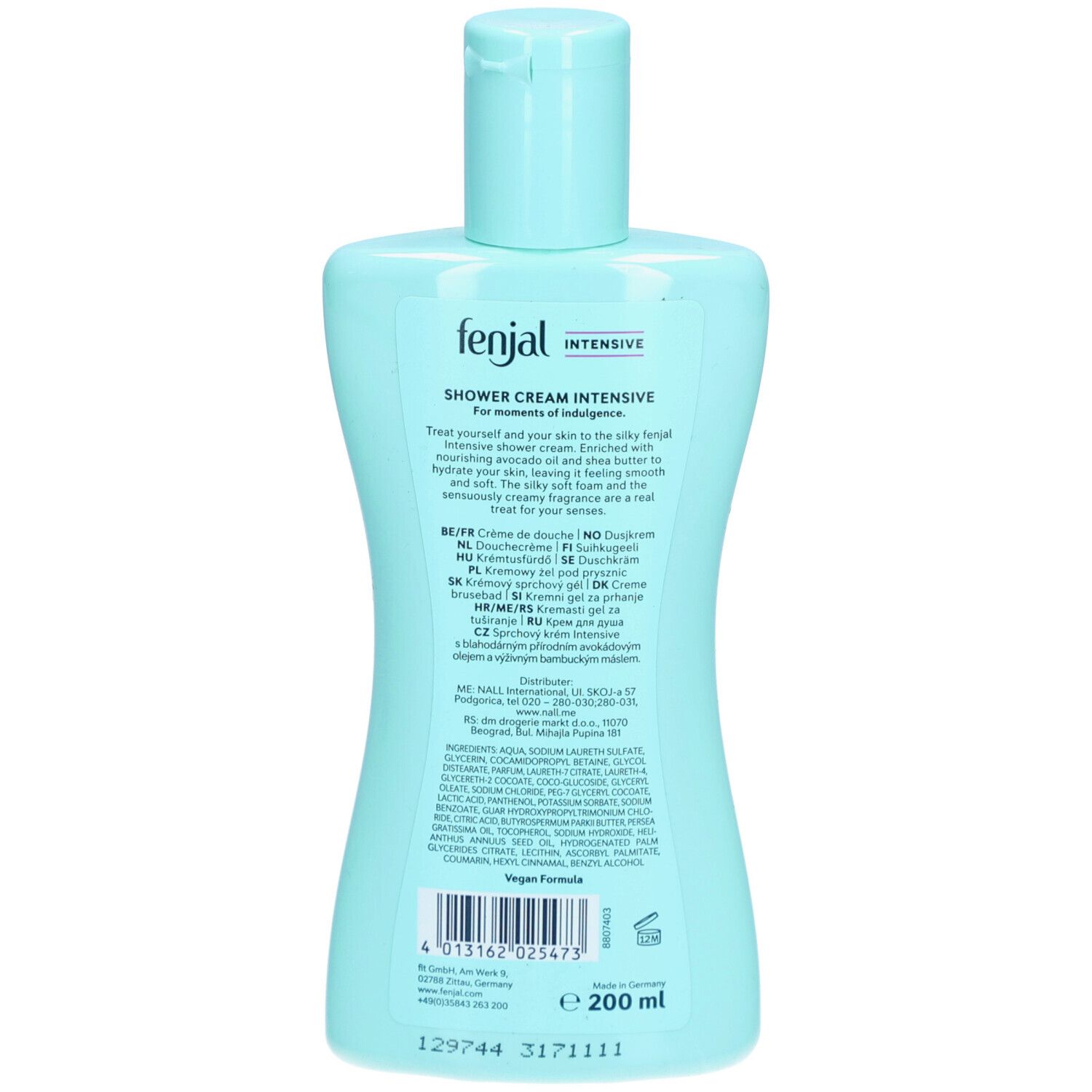 Dos du flacon bleu clair. Logo "fenjal", "Intensive" et "Shower Cream". Texte, ingrédients, code-barres et sceau végétalien.