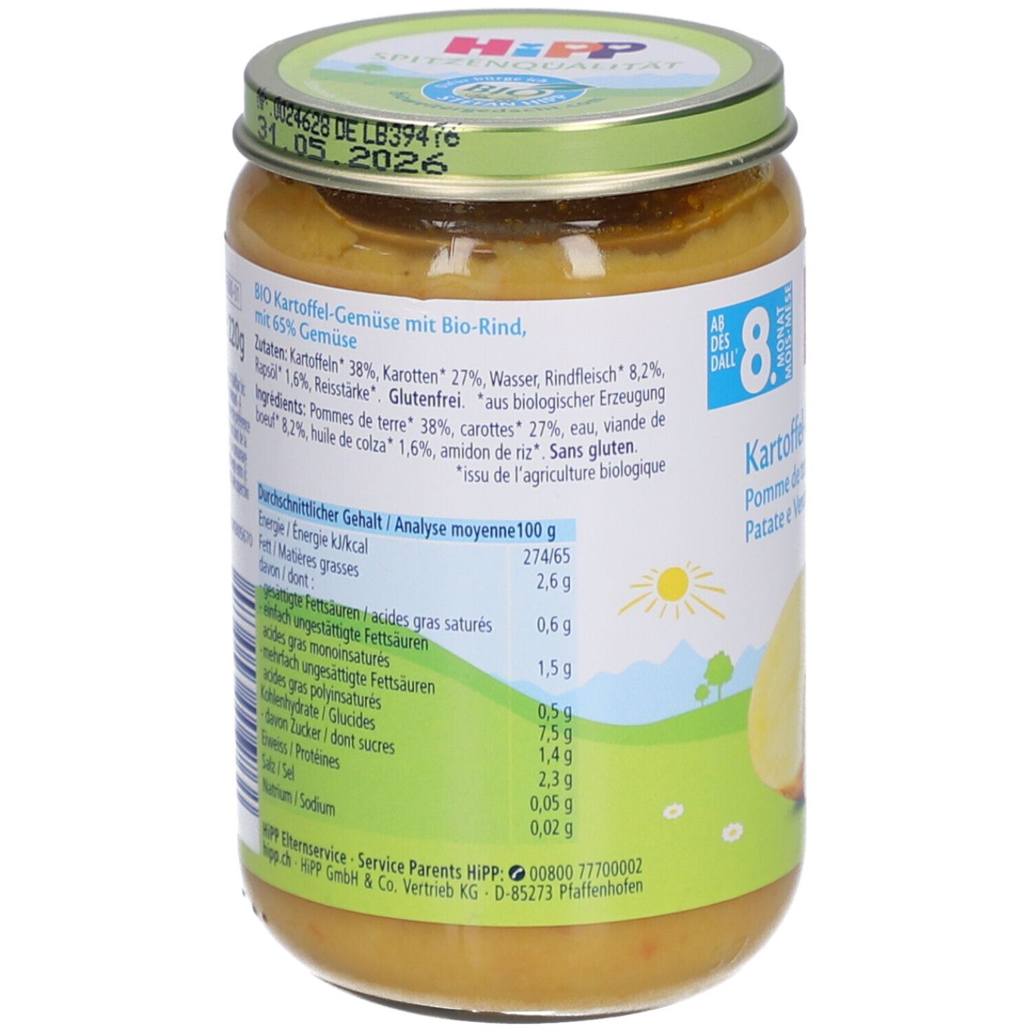 Dos du pot de légumes et bœuf bio HiPP. Informations nutritionnelles et liste des ingrédients visibles.