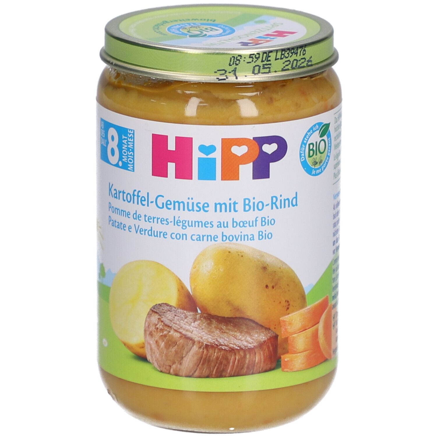 Pot de légumes et bœuf bio HiPP pour bébés dès 8 mois. Pomme de terre, légumes, viande et carottes illustrés.