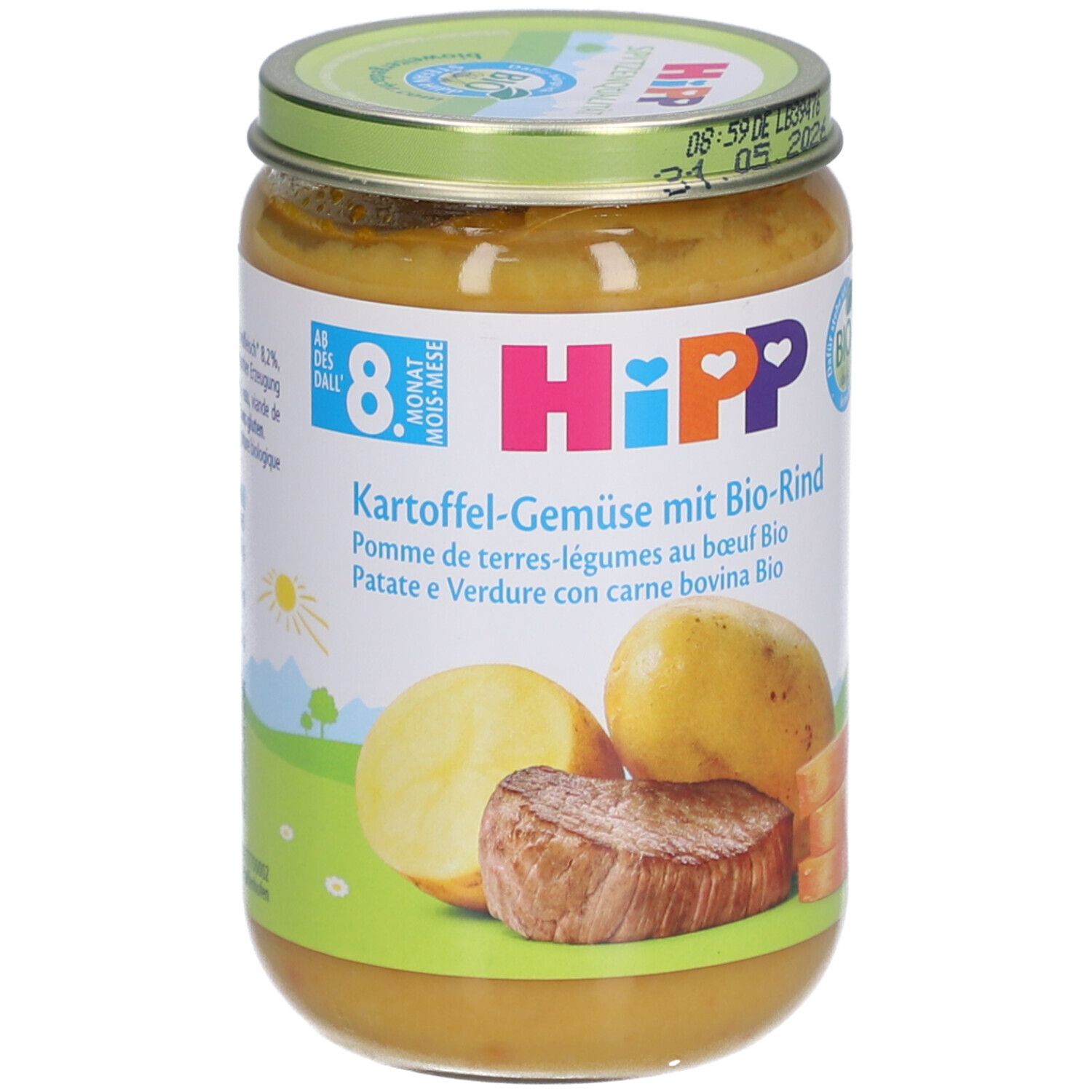 Pot de légumes et bœuf bio HiPP pour bébés dès 8 mois. Pomme de terre, légumes et viande illustrés.