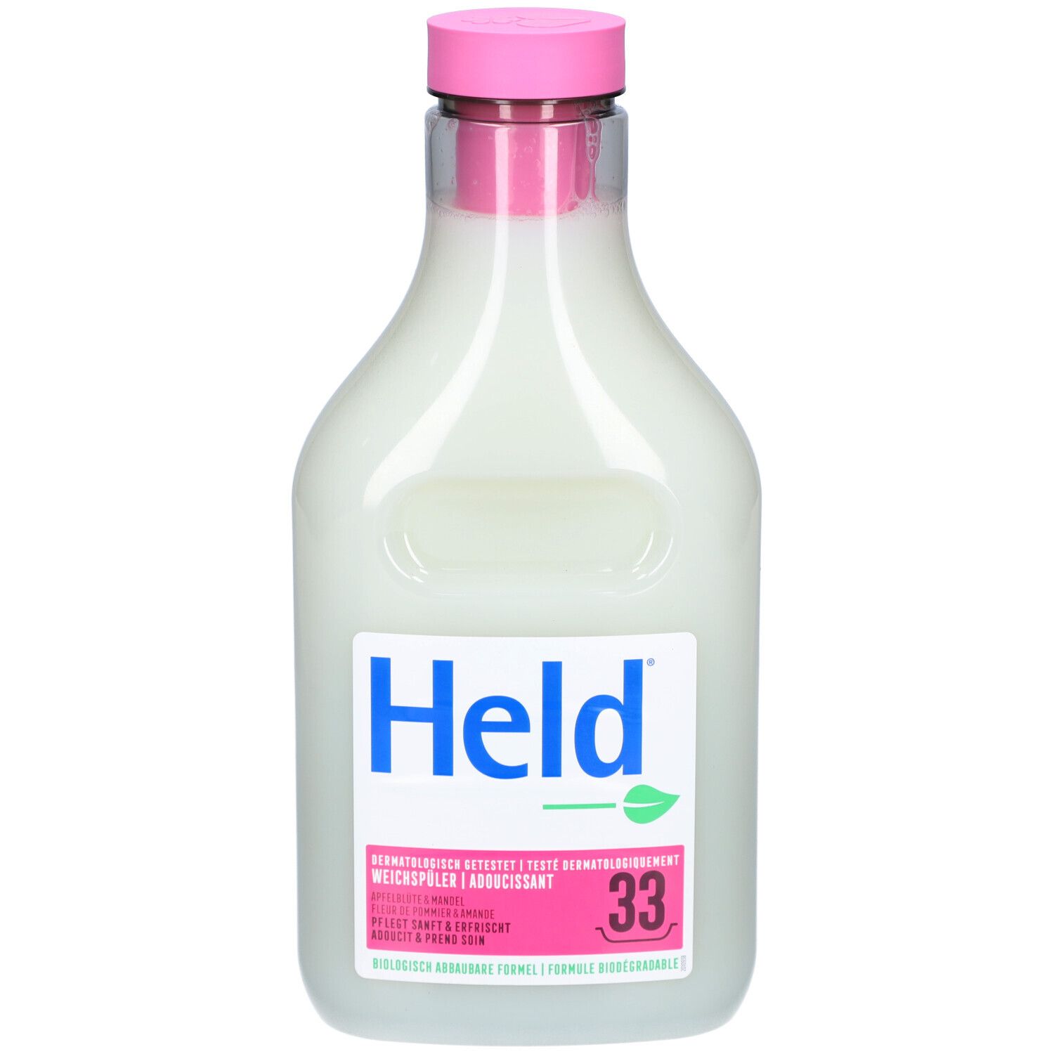 Bouteille d'adoucissant avec bouchon rose. Étiquette blanche avec logo "Held" et feuille verte. 33 lavages.