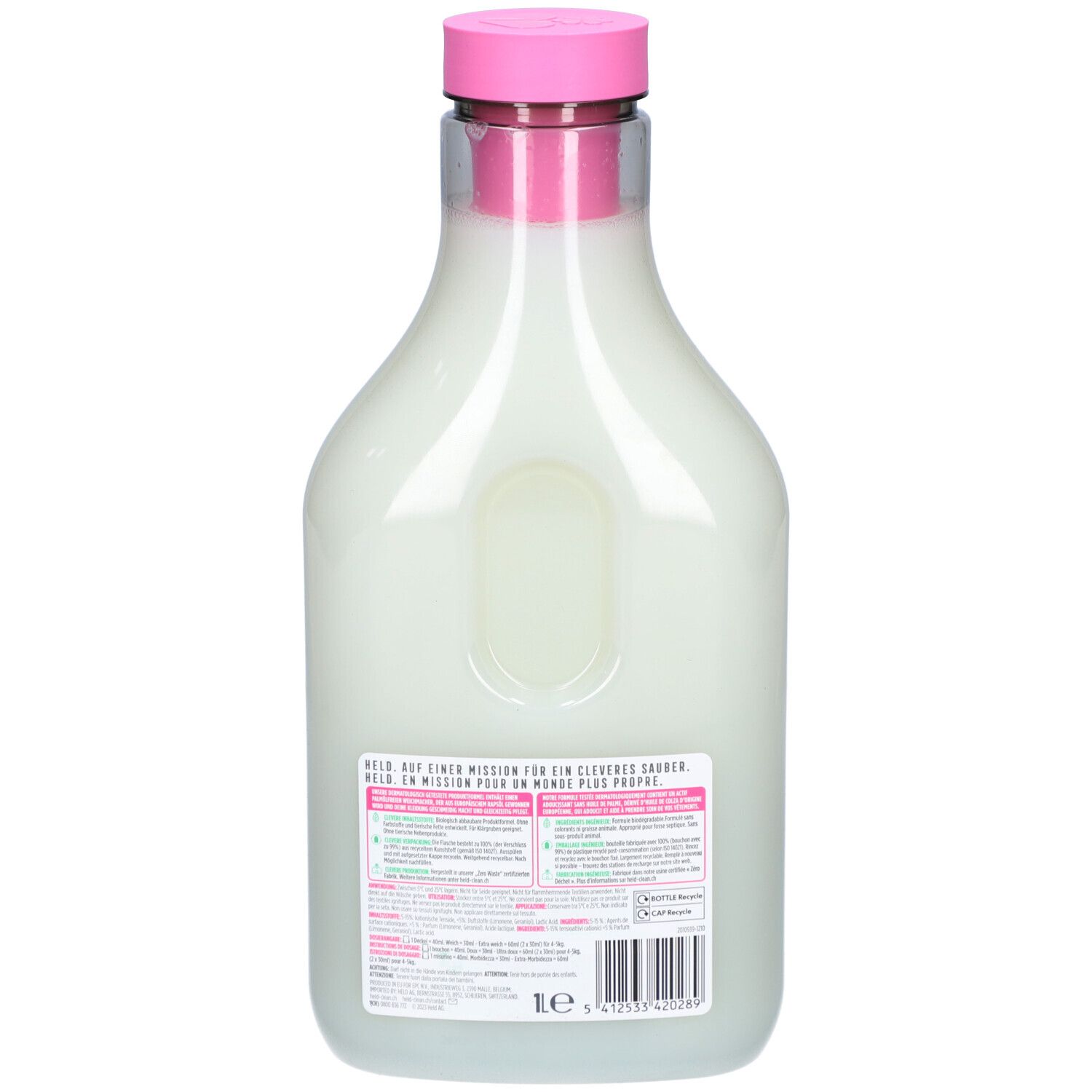 Dos de la bouteille d'adoucissant. Bouchon rose. Étiquette avec texte et code-barres. Volume : 1 litre.