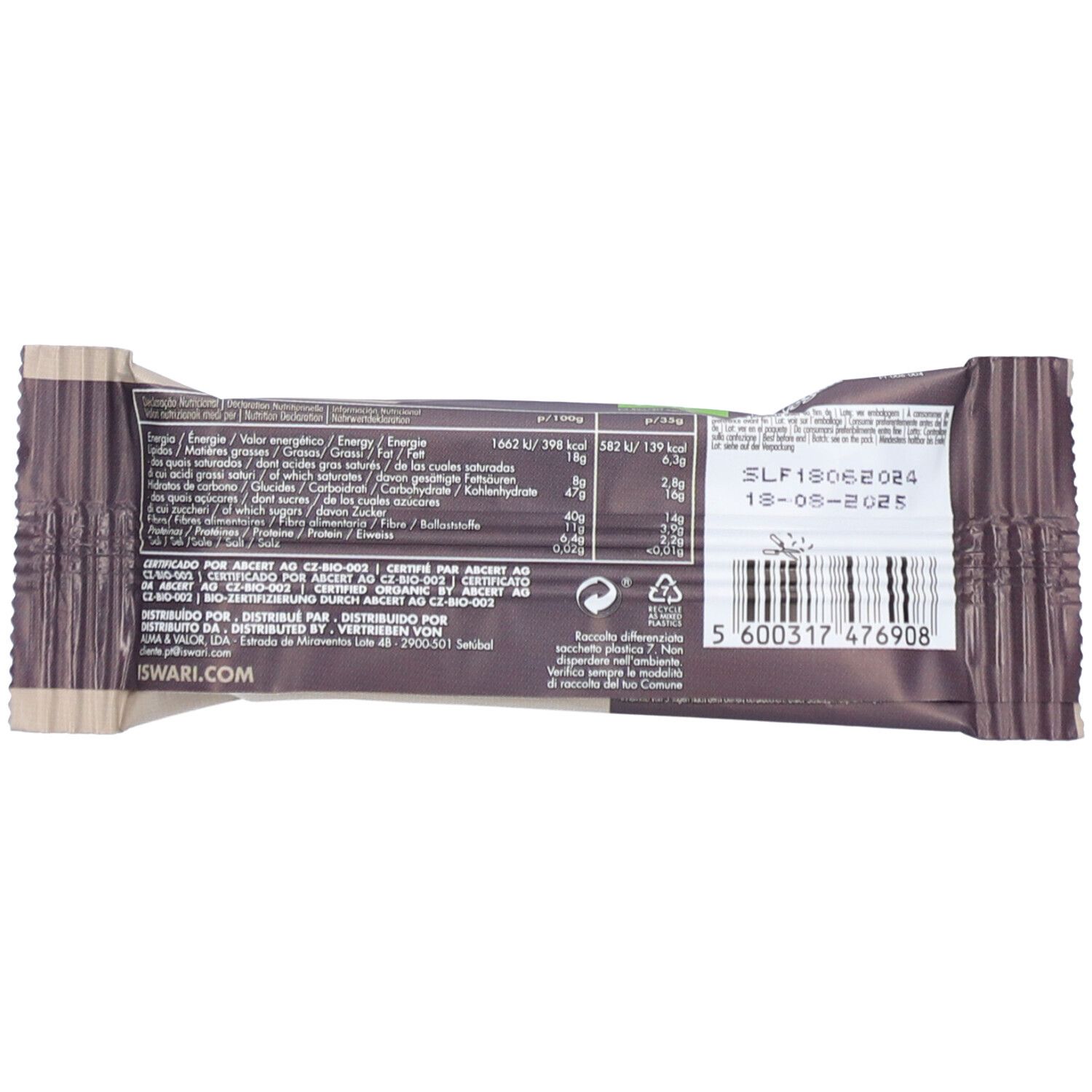 Dos de l'emballage de la barre énergétique. Contient des informations nutritionnelles, code-barres et logo Iswari.