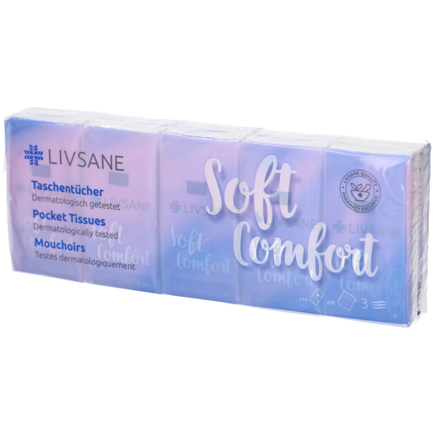 Emballage de mouchoirs LIVSANE Soft Comfort. Plusieurs paquets sous film. Inscription : Soft Comfort, mouchoirs, testés dermatologiquement.