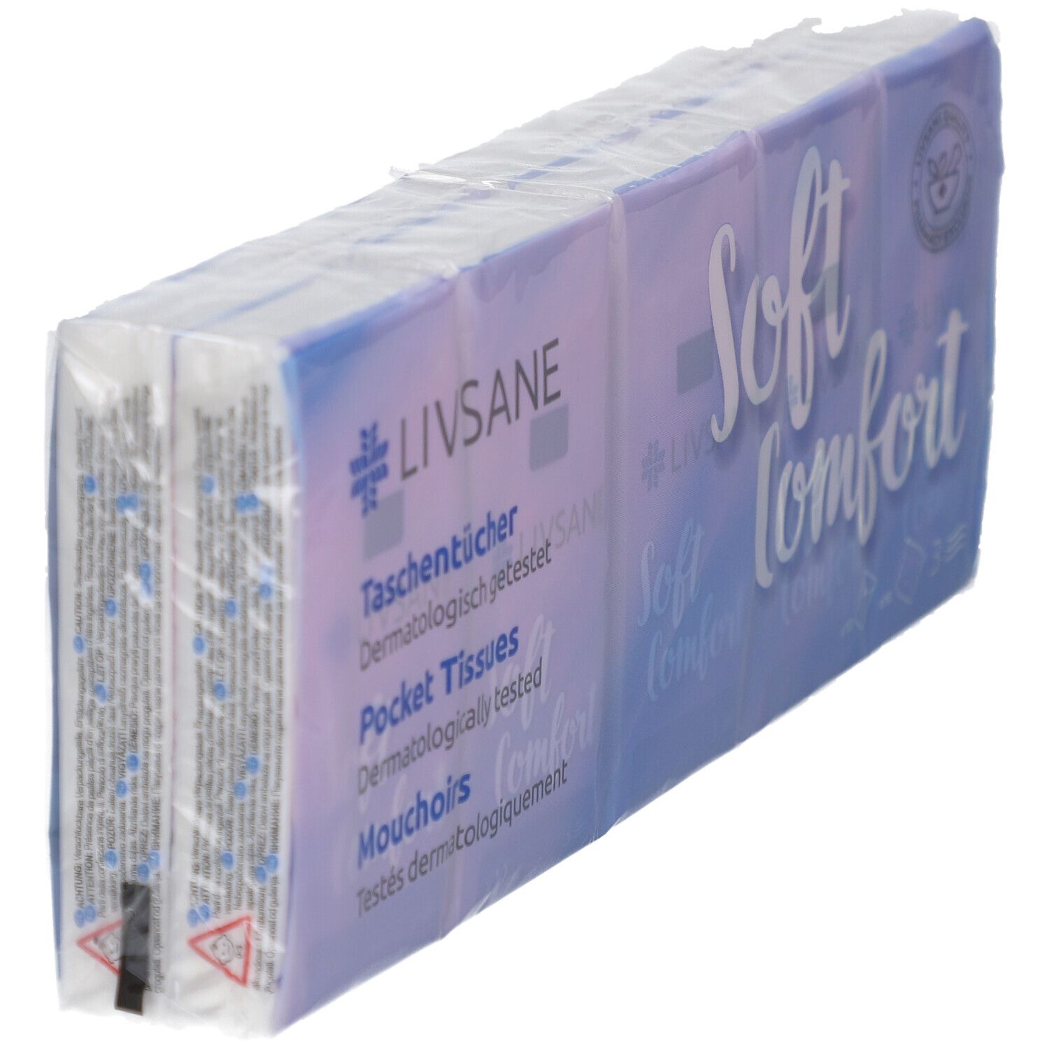 Emballage de mouchoirs LIVSANE Soft Comfort. Plusieurs paquets sous film. Inscription : Soft Comfort, mouchoirs, testés dermatologiquement.