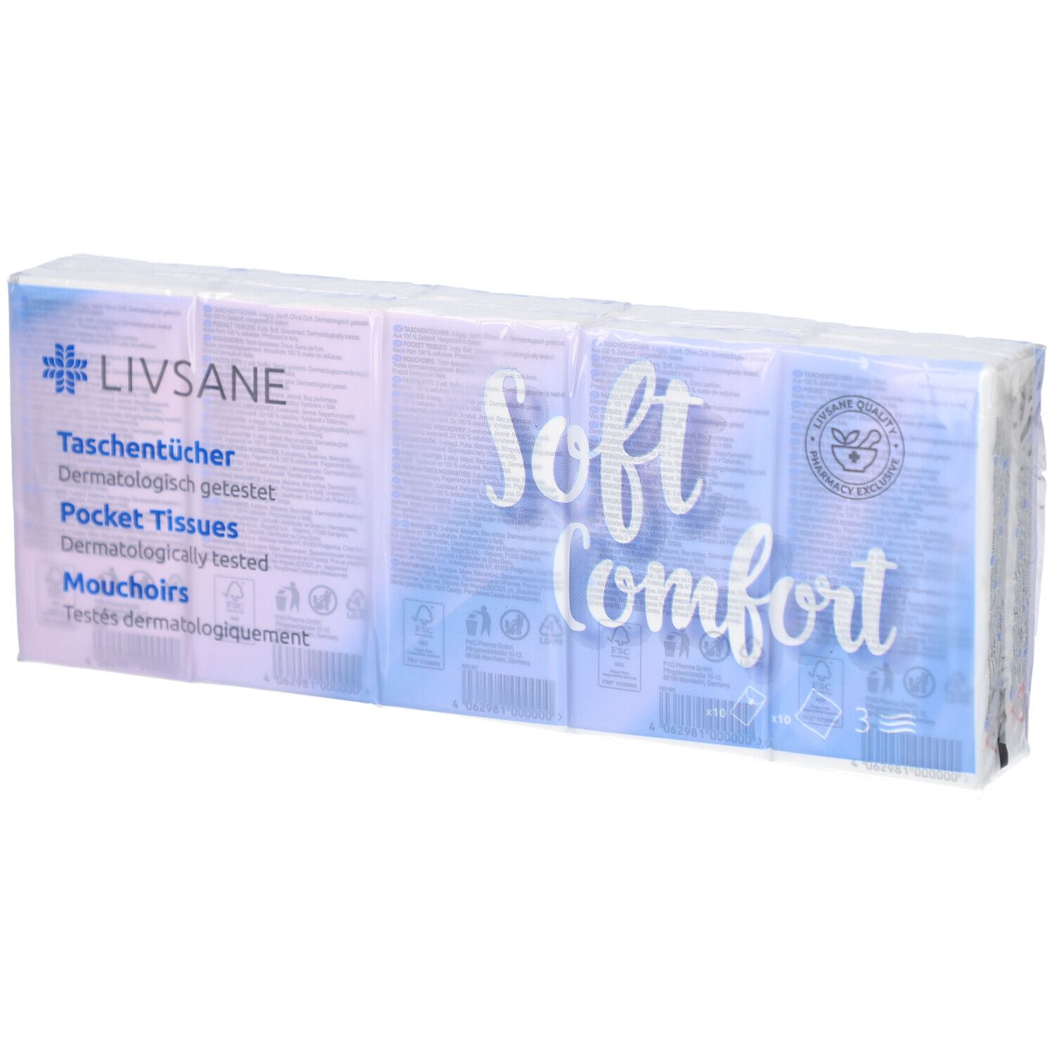 Emballage de mouchoirs LIVSANE Soft Comfort. Plusieurs paquets sous film. Inscription : Soft Comfort, mouchoirs, testés dermatologiquement.
