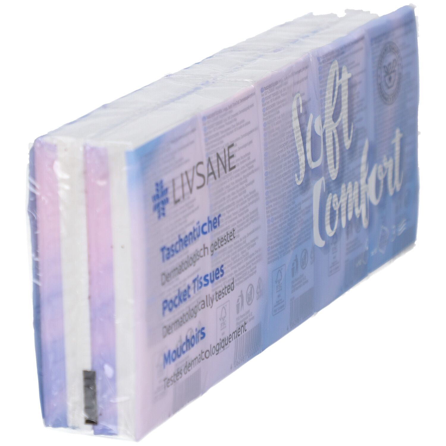 Emballage de mouchoirs LIVSANE Soft Comfort. Plusieurs paquets sous film. Inscription : Soft Comfort, mouchoirs, testés dermatologiquement.