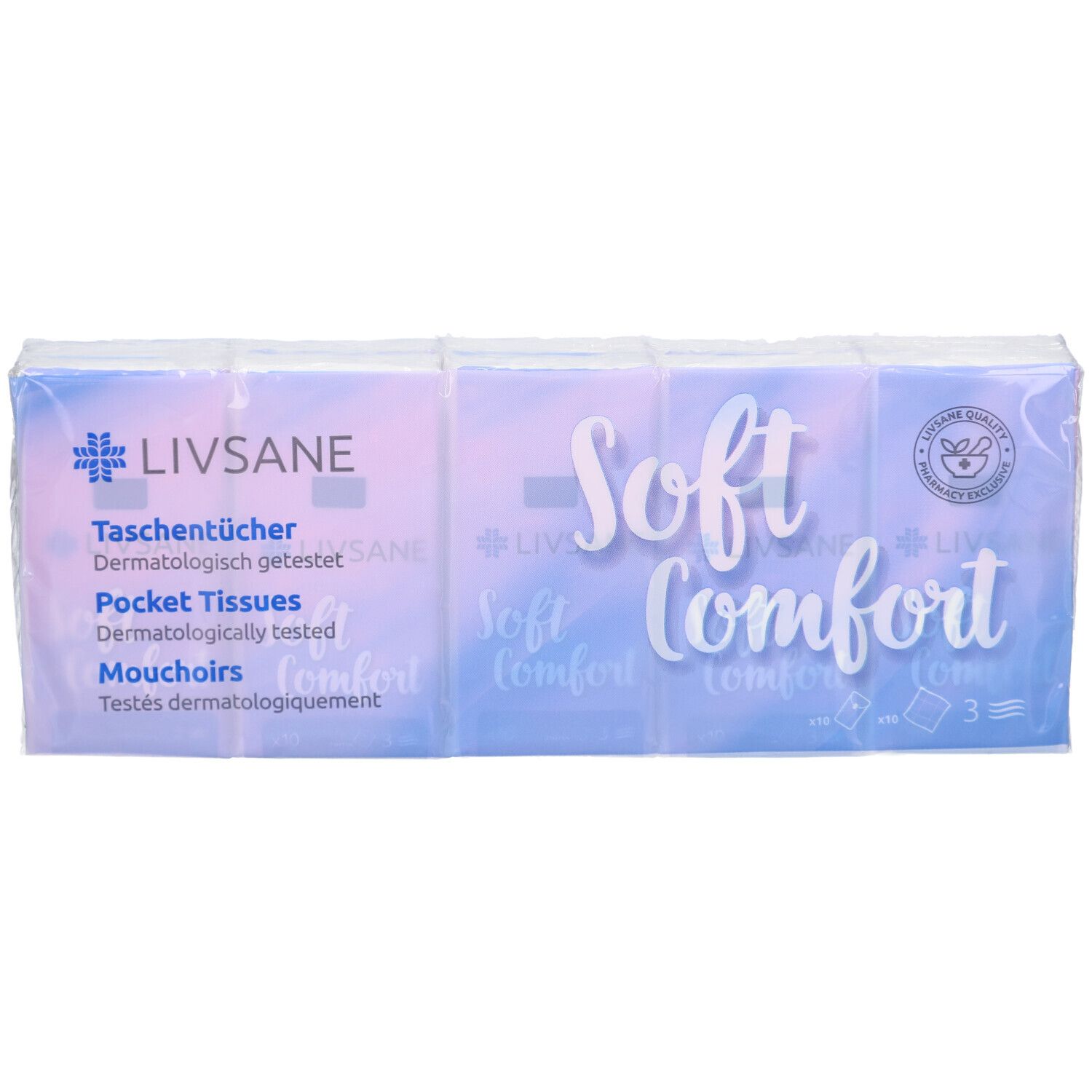 Emballage de mouchoirs LIVSANE Soft Comfort. Plusieurs paquets sous film. Inscription : Soft Comfort, mouchoirs, testés dermatologiquement.