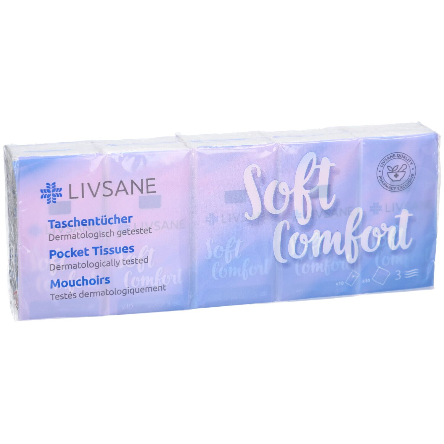 Emballage de mouchoirs LIVSANE Soft Comfort. Plusieurs paquets sous film. Inscription : Soft Comfort, mouchoirs, testés dermatologiquement.