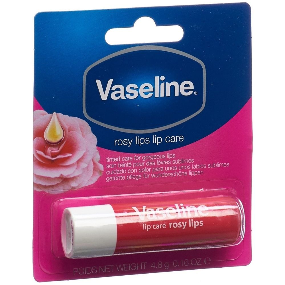 Stick de baume à lèvres Vaseline rose dans un emballage blister. Stick de baume à lèvres rouge avec une extrémité blanche. Emballage bleu et rose.