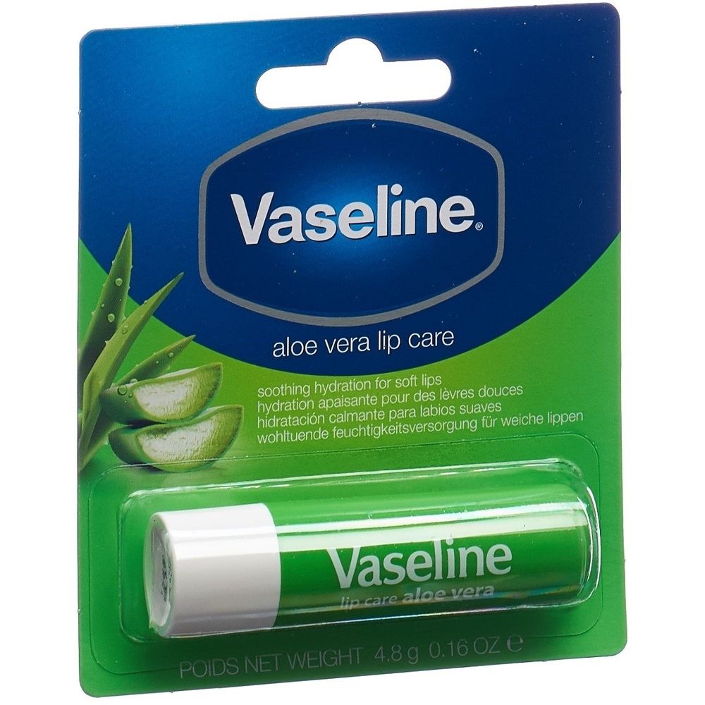 Stick de soin des lèvres vert dans un emballage blister. Logo Vaseline et feuilles d'aloe vera. Texte : Aloe Vera Lip Care.