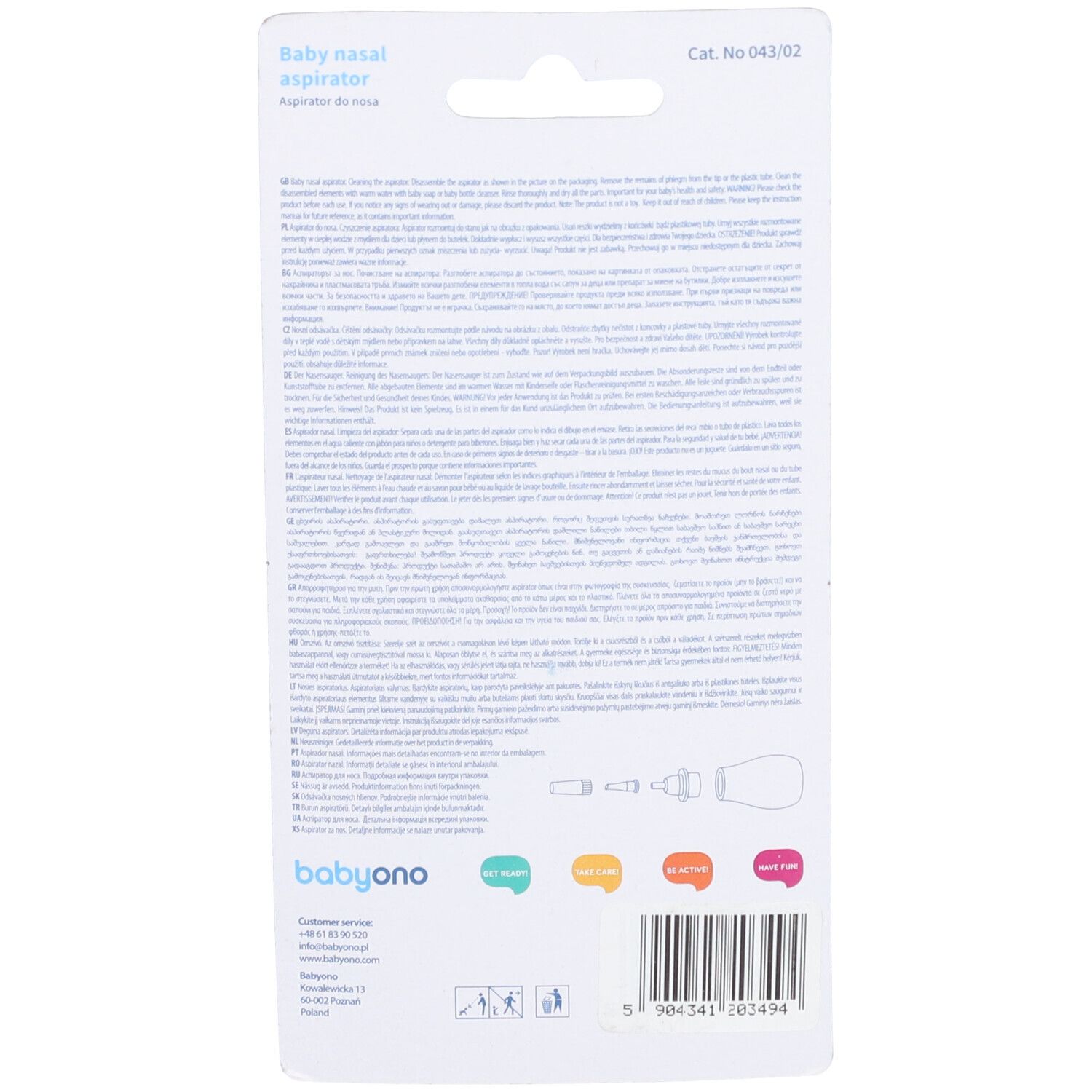 Arrière de l'emballage de l'aspirateur nasal Babyono avec informations produit et code-barres.