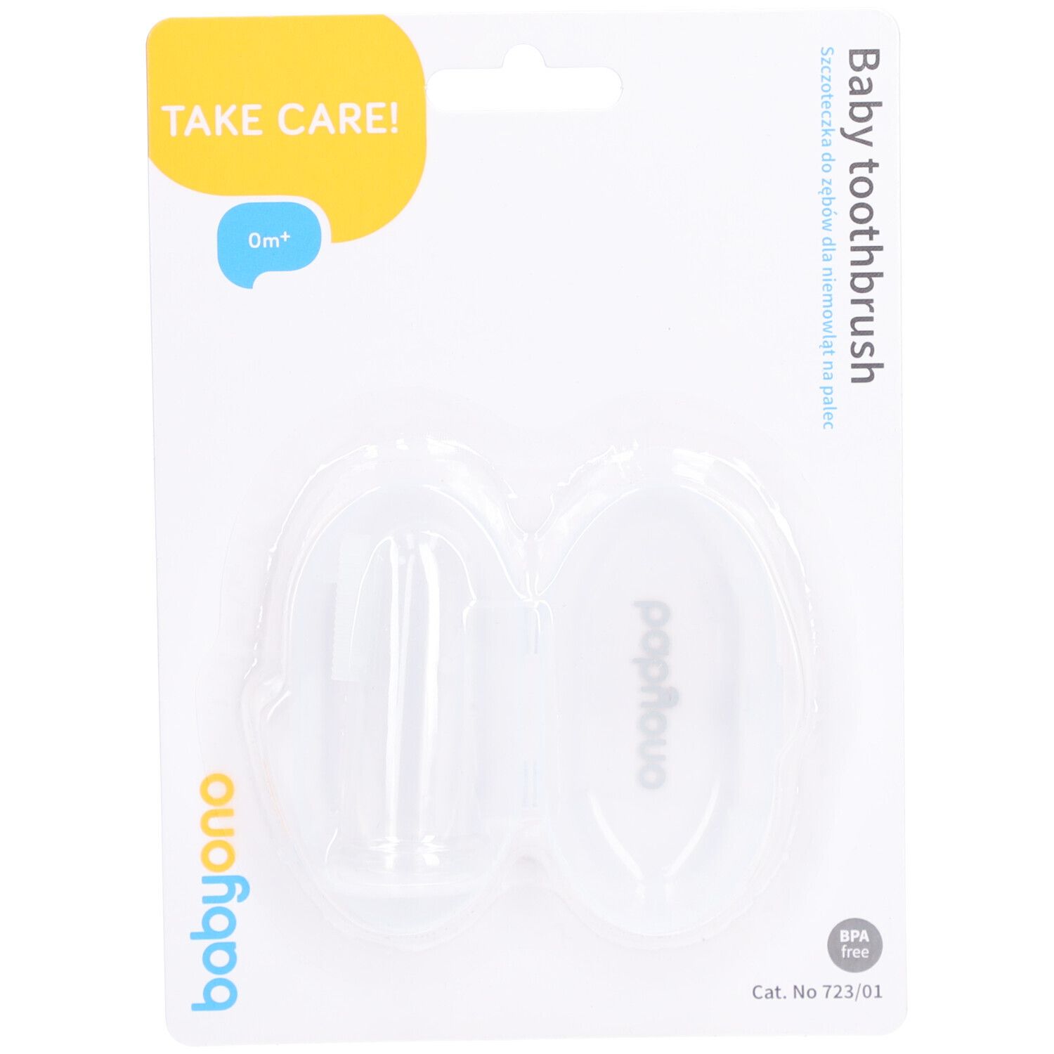 Brosse à dents Babyono dans un emballage blister. Brosse transparente avec manche. Sans BPA. Inscription : Take Care ! 0m+.