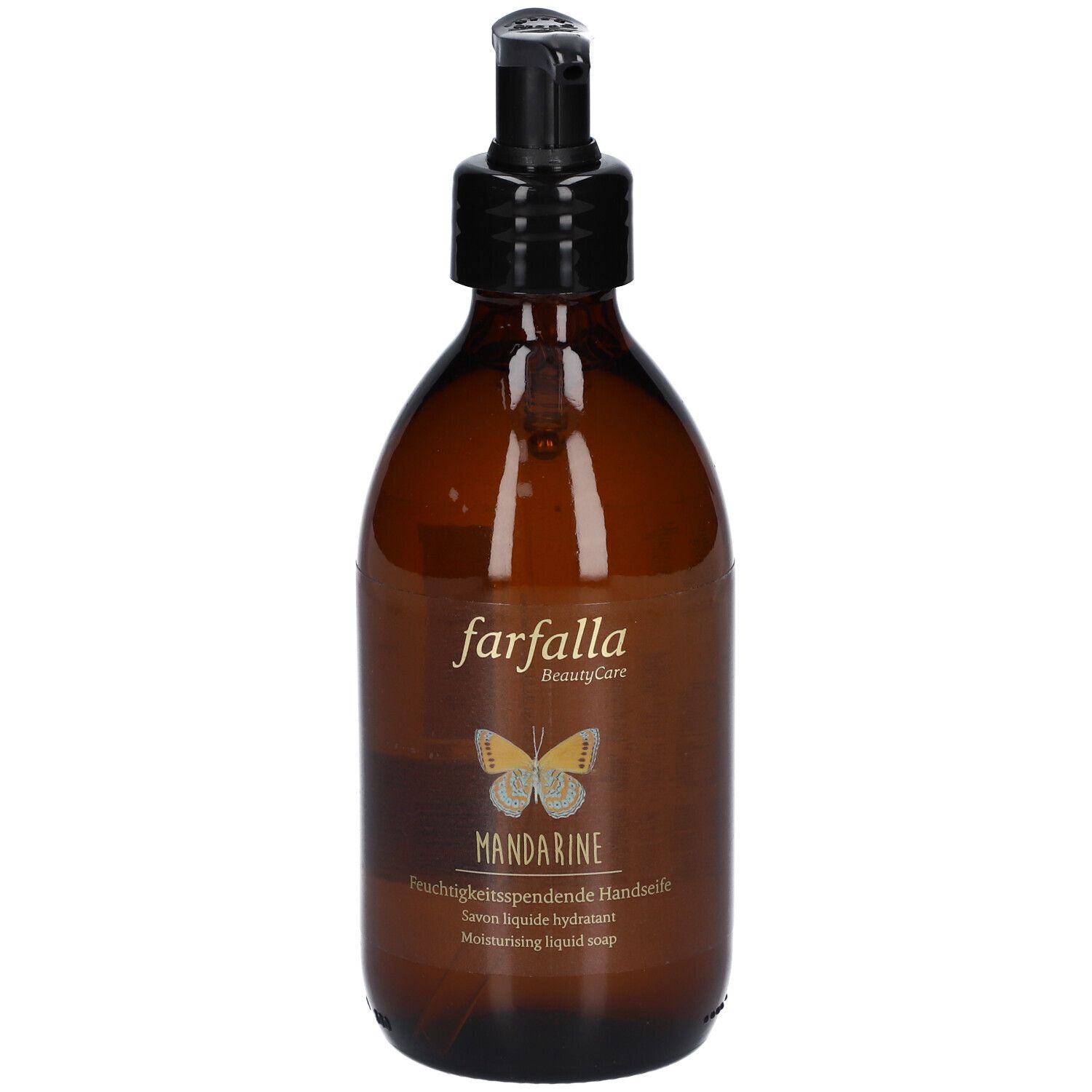 Flacon en verre brun avec distributeur à pompe noir, étiquette avec papillon et inscription 'farfalla MANDARINE'.