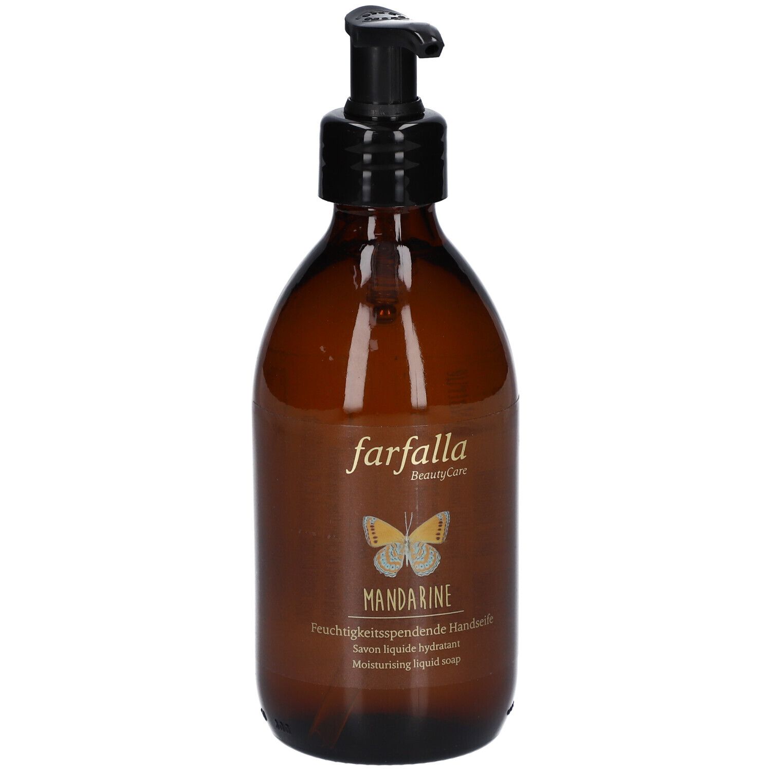 Flacon en verre brun avec pompe noire. Inscription 'farfalla' et 'MANDARINE'. Image d'un papillon.