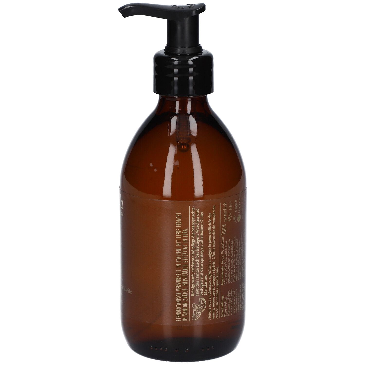 Flacon en verre brun avec pompe noire. Dos avec texte. Étiquette avec informations.