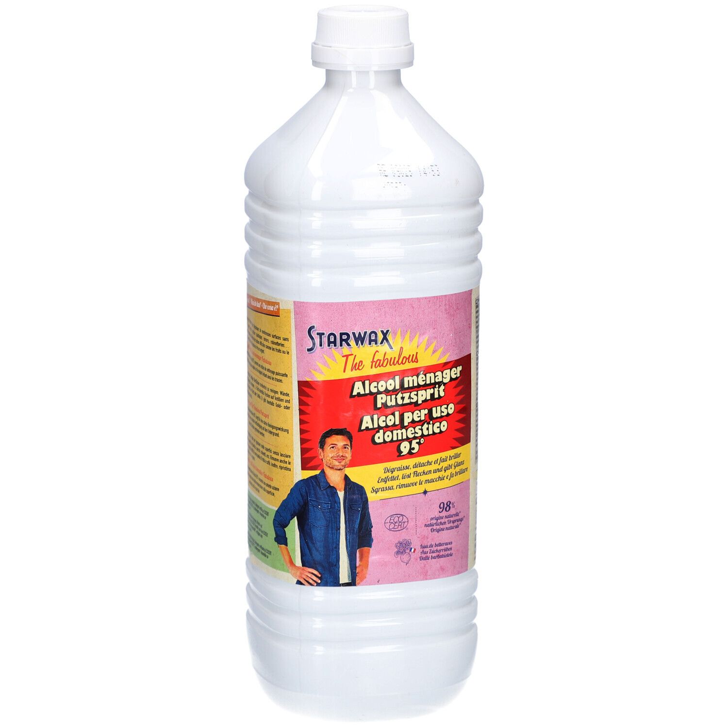 Starwax Alcool ménager, 95%. Bouteille en plastique blanc avec étiquette.