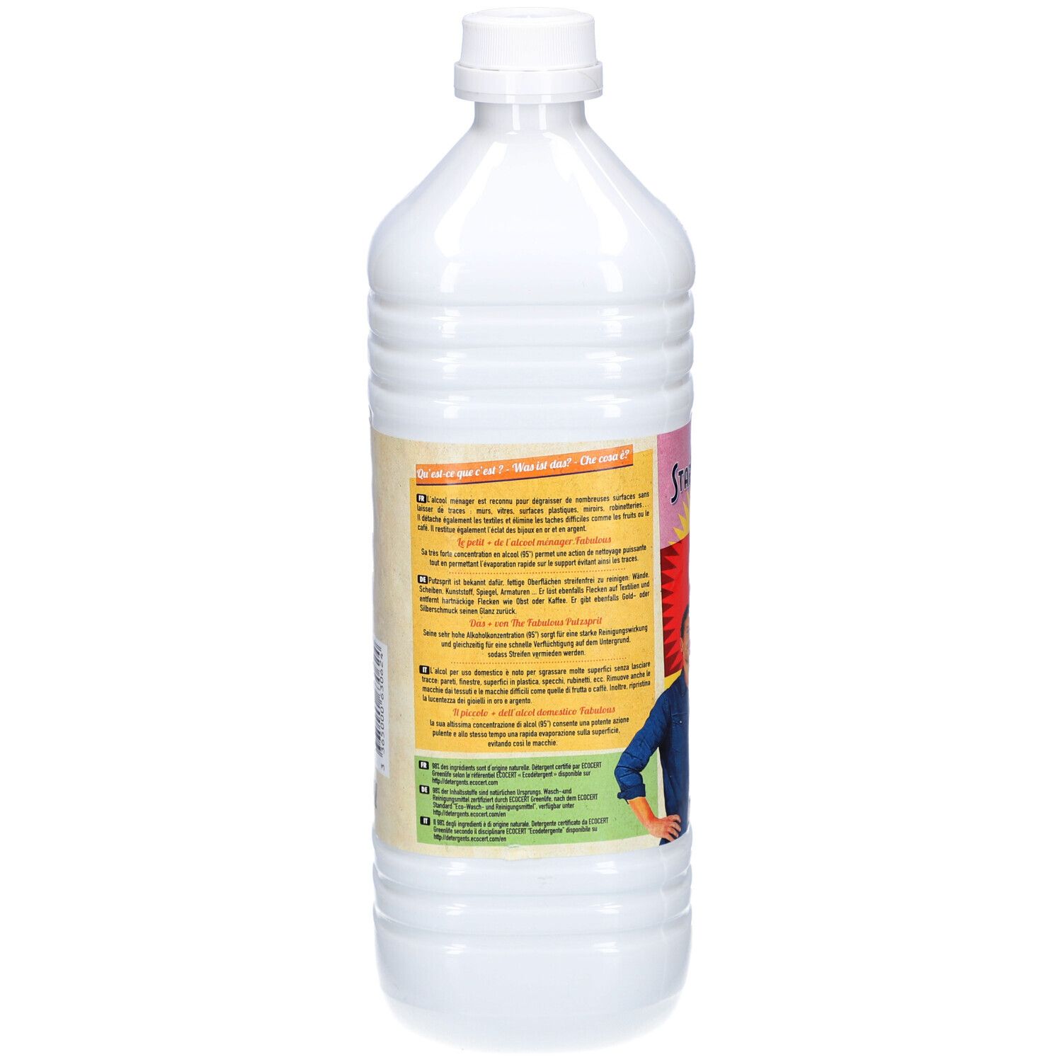Bouteille en plastique blanche avec bouchon à vis blanc et étiquette multilingue.