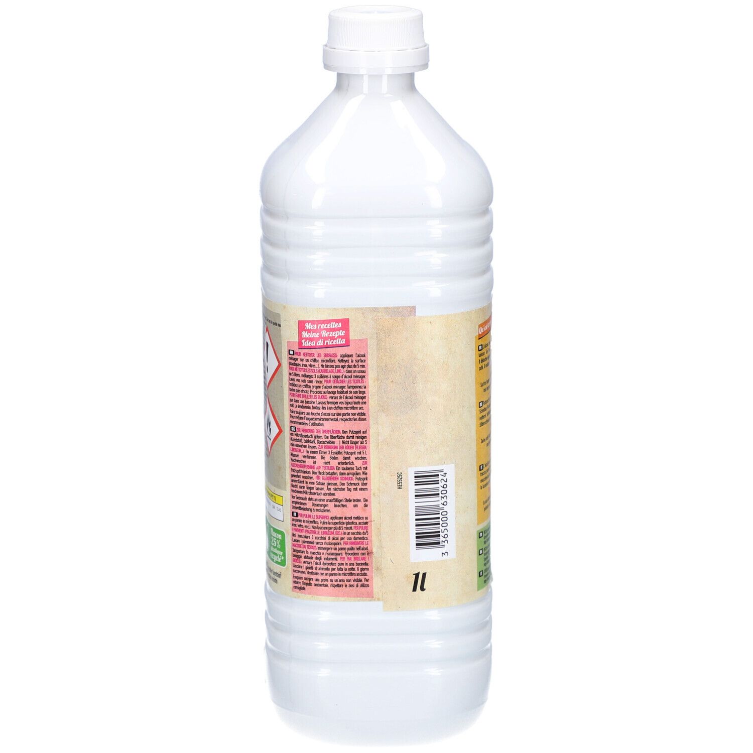 Bouteille en plastique blanc avec bouchon à vis blanc, 1 litre. Étiquette avec symboles d'avertissement et informations produit.