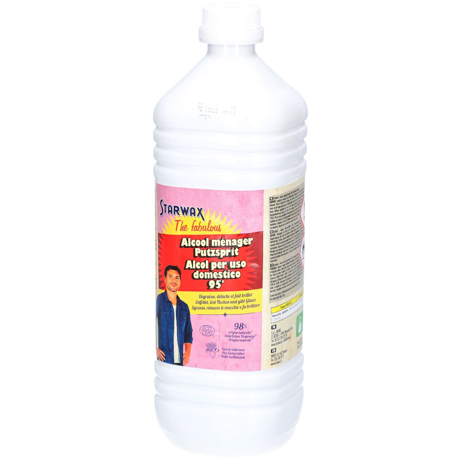 Starwax Alcool ménager Putzsprit 95% dans une bouteille en plastique blanche.