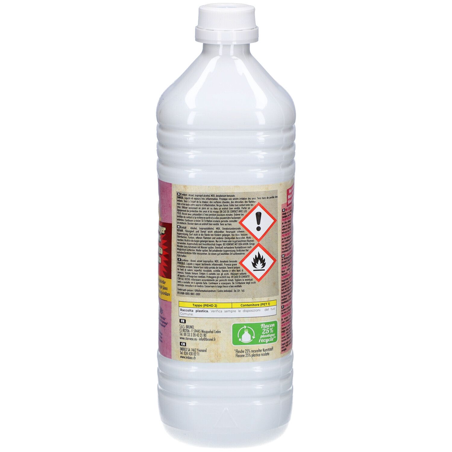 Bouteille en plastique blanc avec bouchon à vis blanc. Étiquette avec symboles d'avertissement (point d'exclamation, flamme) et texte.