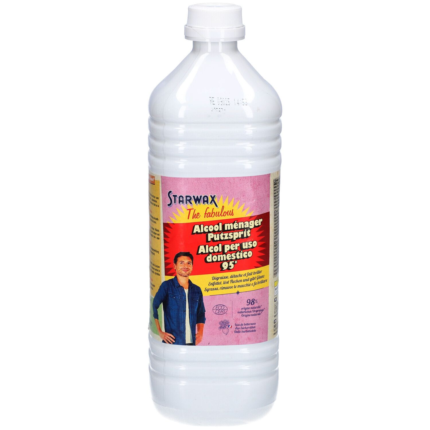 Bouteille en plastique blanc avec étiquette Starwax Alcool ménager, 95% d'alcool.