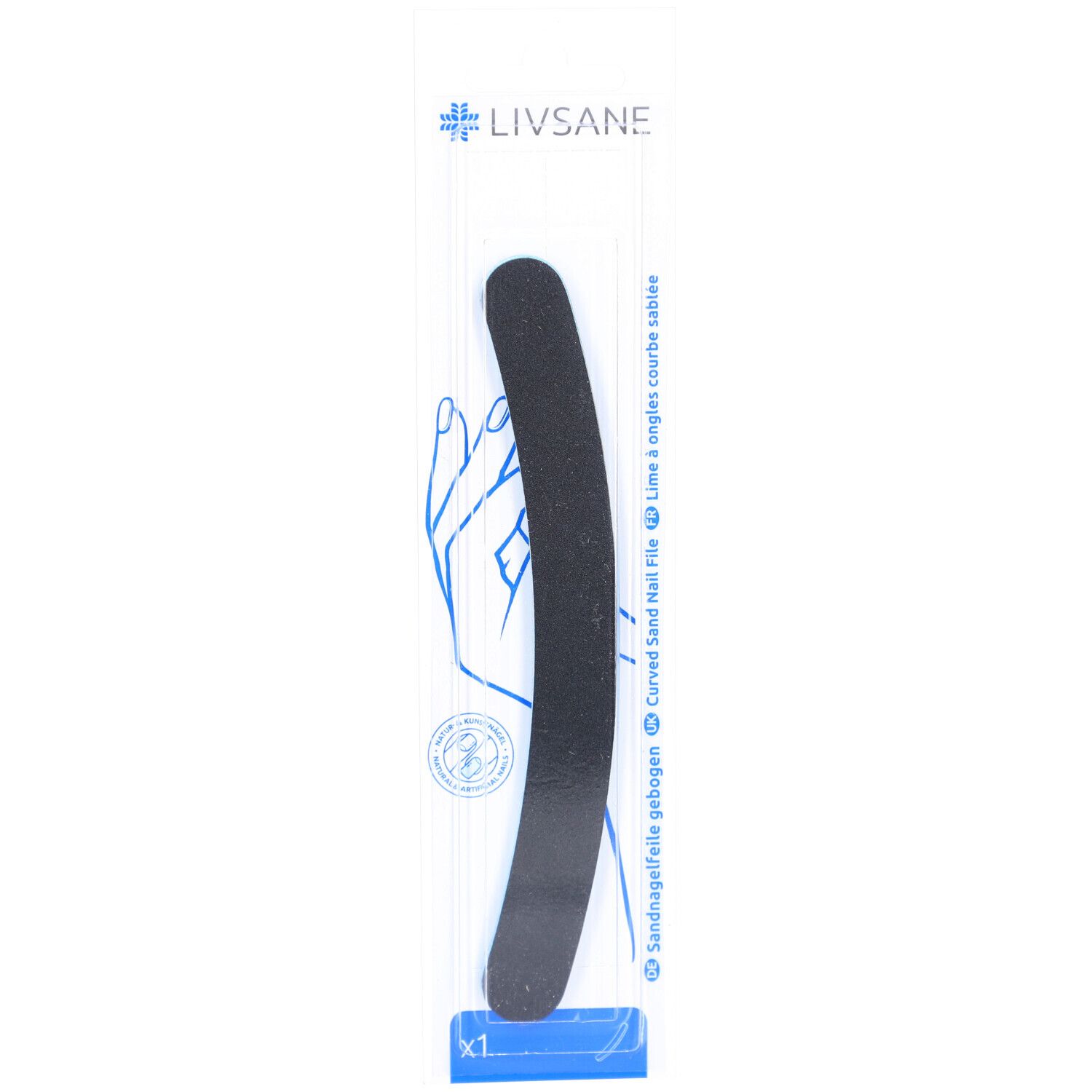 Lime à ongles courbée dans un emballage transparent. Logo LIVSANE en haut. Graphique bleu d'une main.