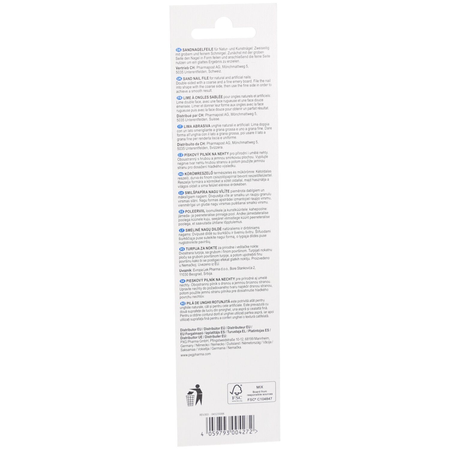 Dos de l'emballage. Texte multilingue. Label FSC et symbole de la poubelle.