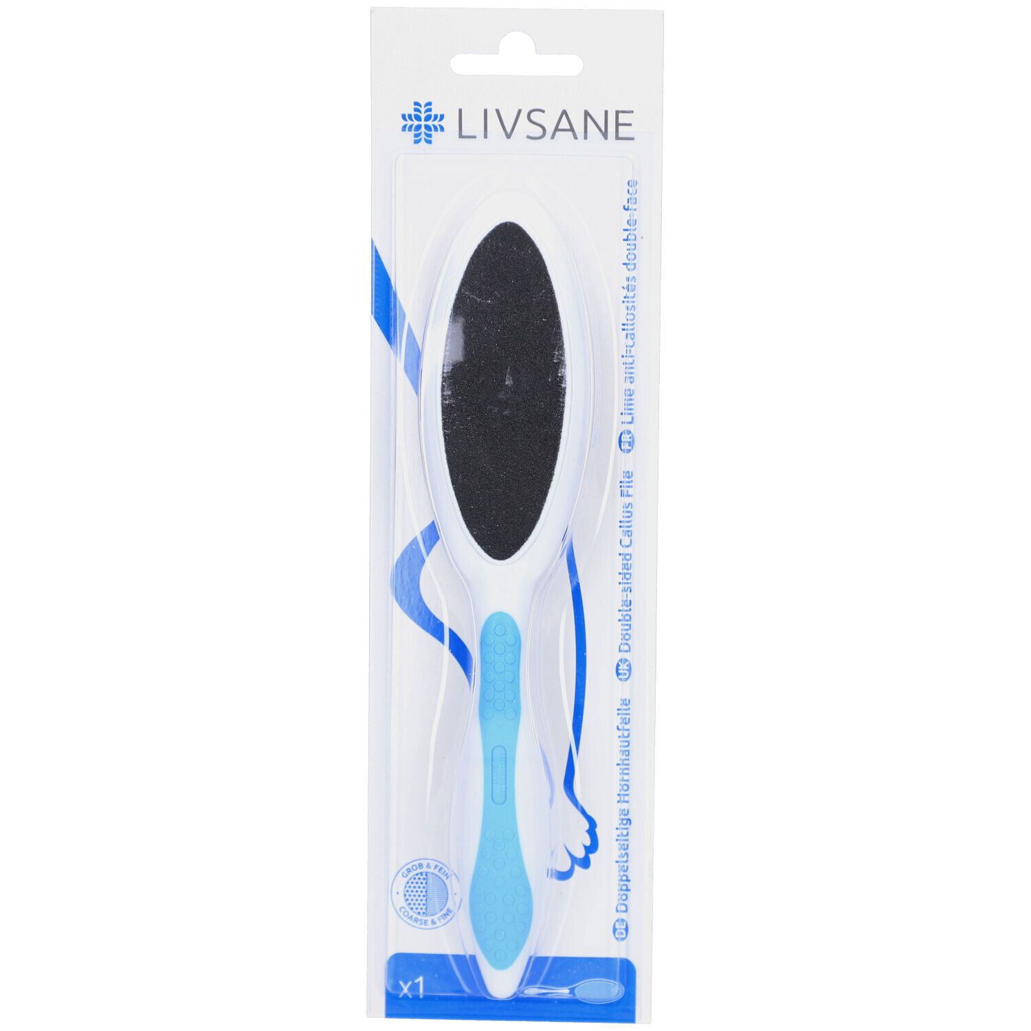 Lime à callosités double face, manche bleu. Emballage avec nom LIVSANE® et indication x1.