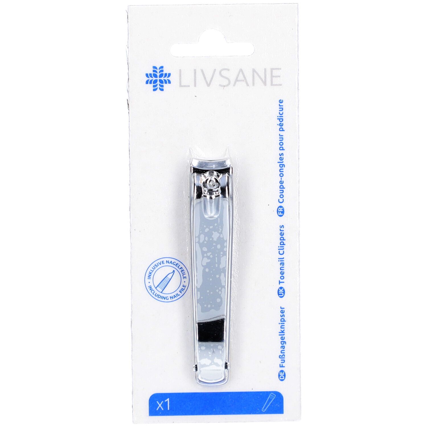 Coupe-ongles pour pieds, chromé, avec lime. Marque LIVSANE. Emballage individuel. Contient une lime à ongles.