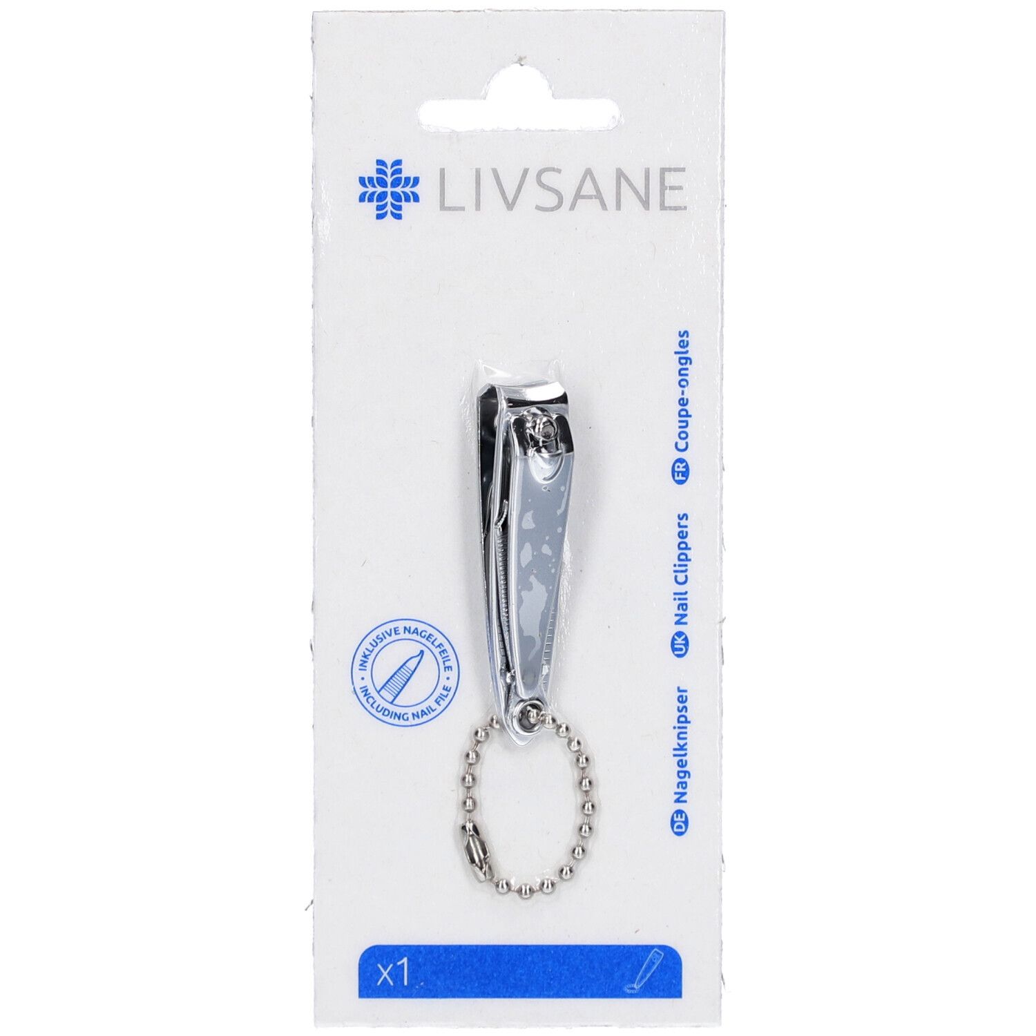 Coupe-ongles chromé avec chaîne et lime, sur carte blanche. Logo LIVSANE en haut. "X1" en bas.