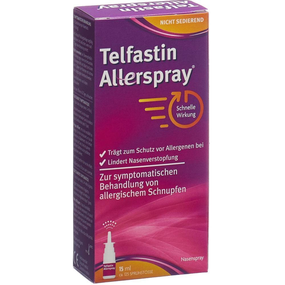 Boîte violette avec nom et logo du produit. Contient un spray nasal. Texte: Action rapide, soulage la congestion nasale.