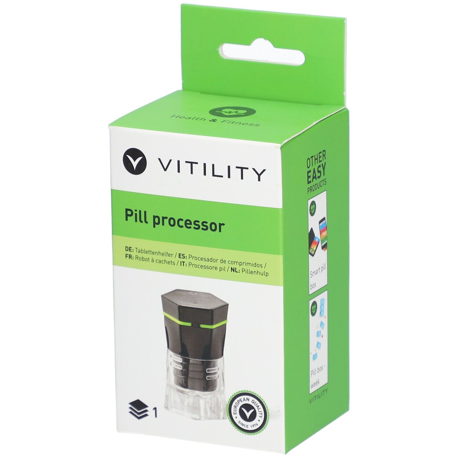 Boîte verte avec logo VITILITY et image du produit. Texte : Pill processor. Label de qualité européen.
