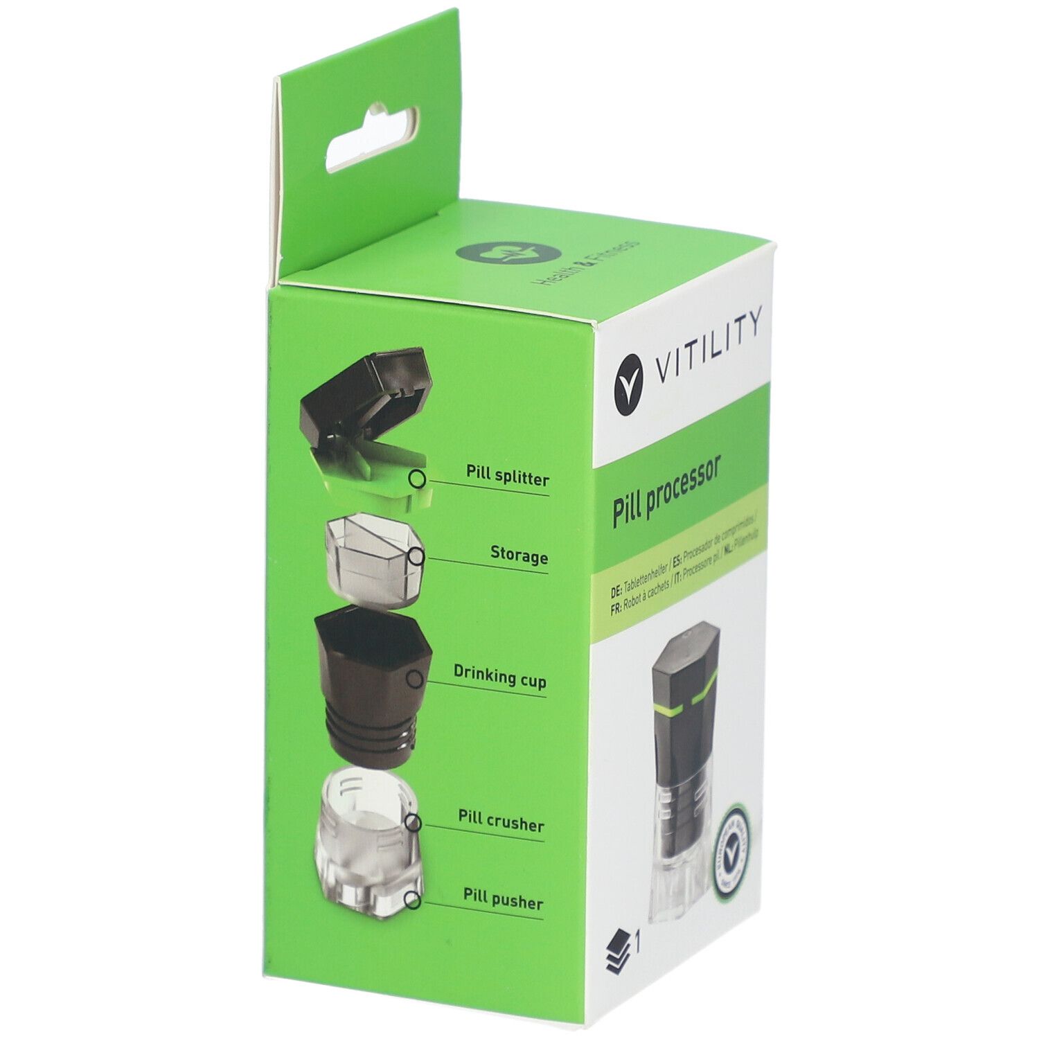 Boîte verte avec logo VITILITY. Illustrations des composants du produit : Pill splitter, Storage, Drinking cup, Pill crusher, Pill pusher.