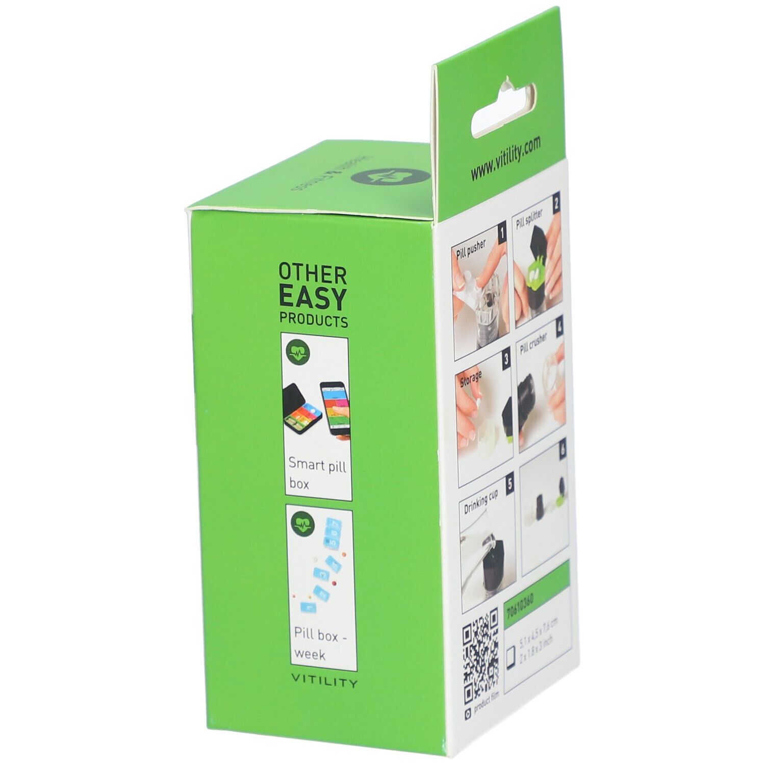 Boîte verte avec logo VITILITY. Illustrations de produits connexes : Smart pill box, Pill box - week.