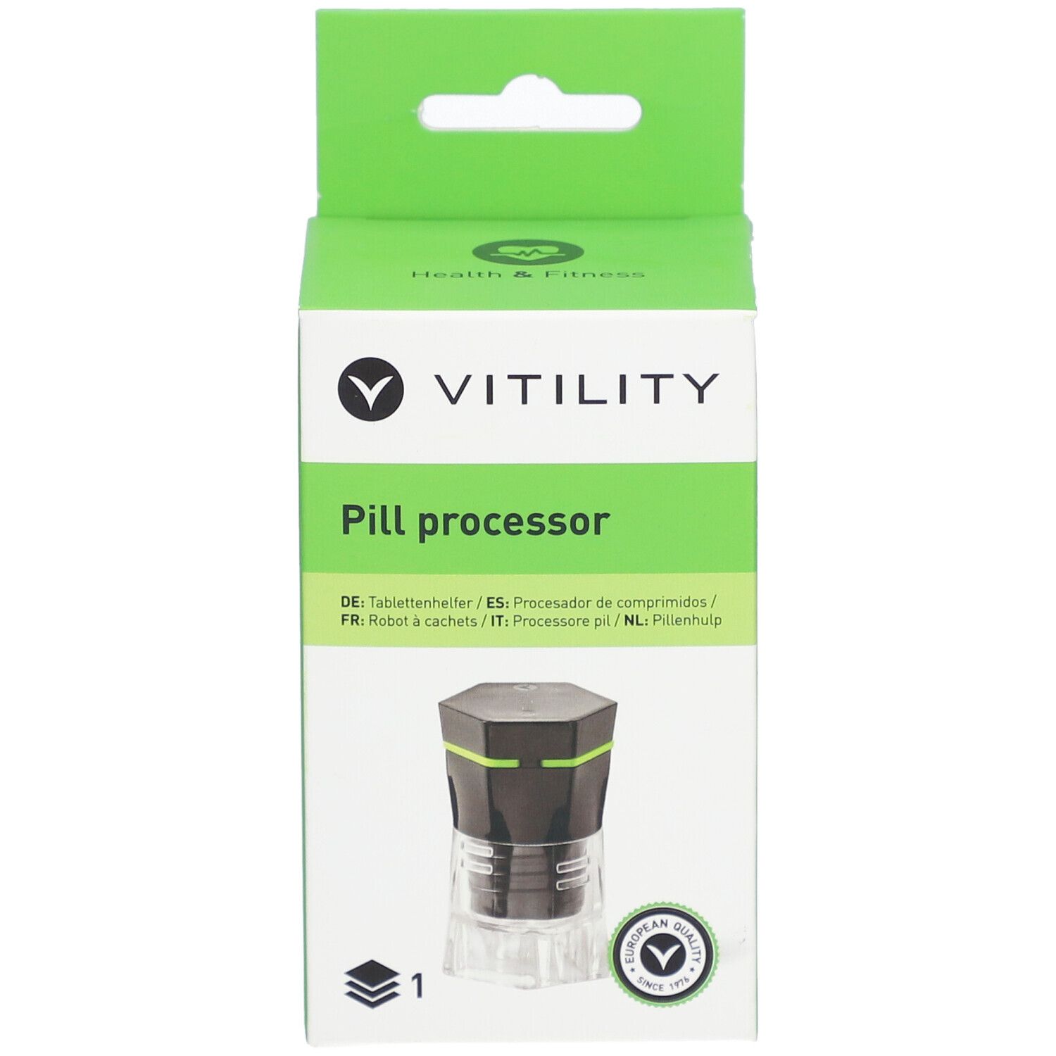 Boîte verte avec logo VITILITY et image du produit. Texte : Pill processor. Label de qualité européen.