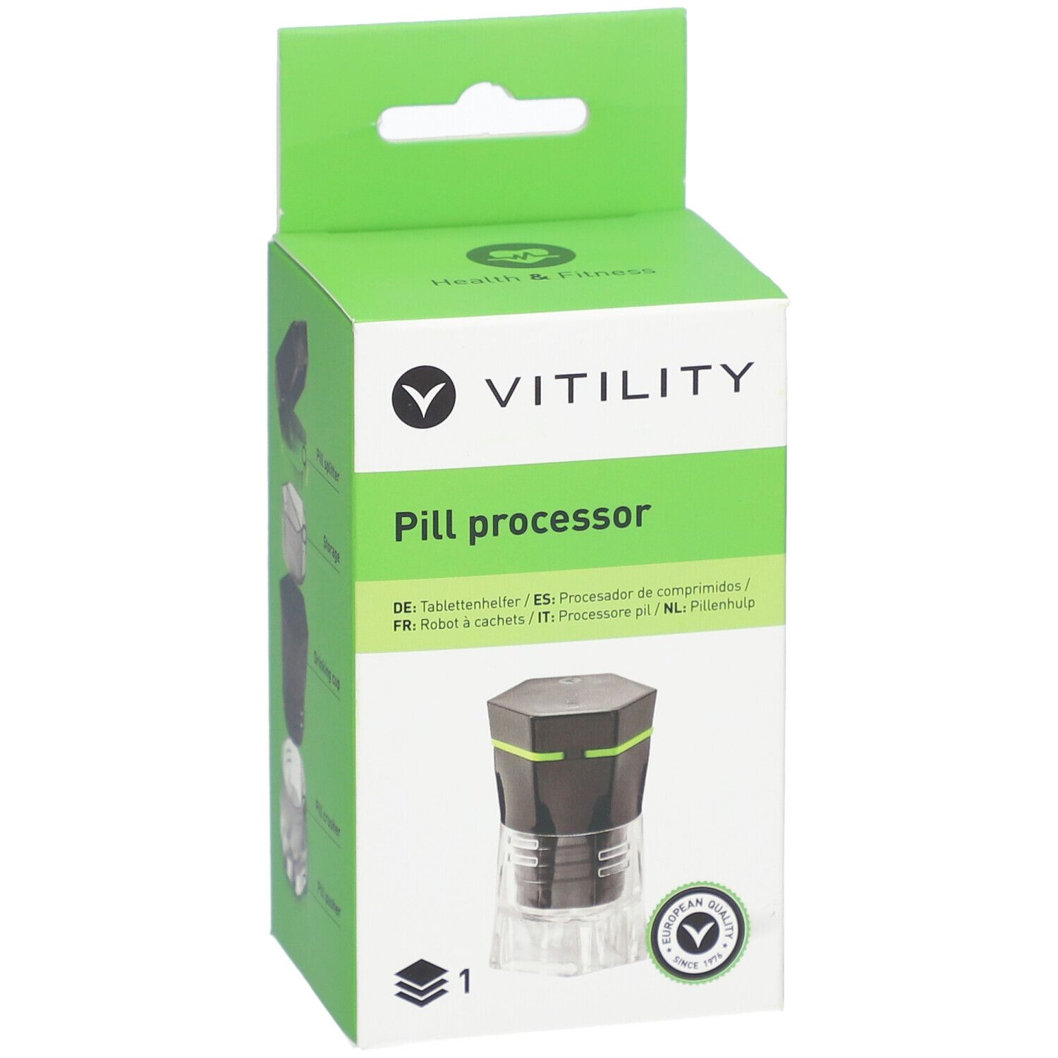 Boîte verte avec logo VITILITY et image du produit. Texte : Pill processor. Label de qualité européen.