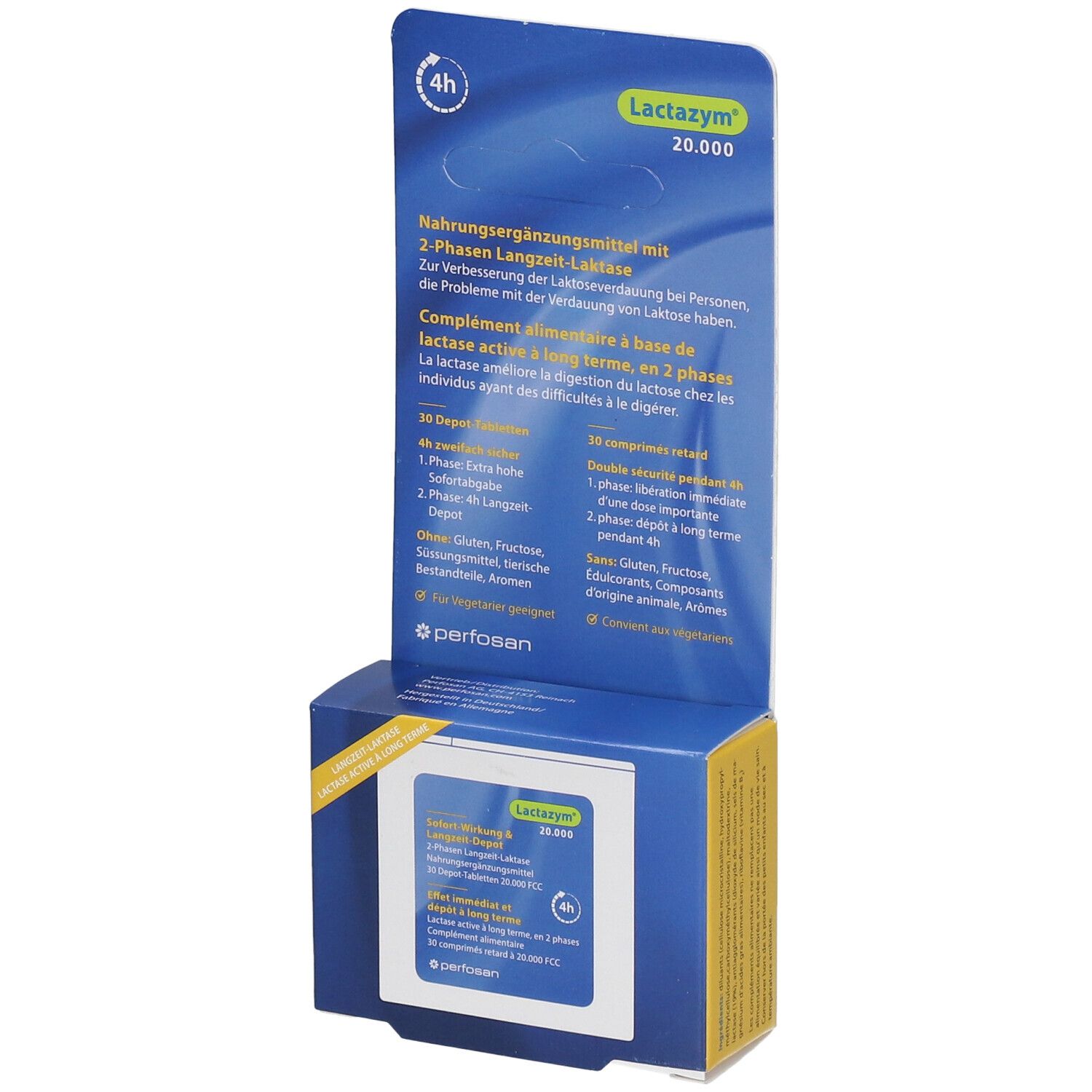 Emballage bleu et jaune de Lactazym 20.000. Face avant avec nom du produit, texte et symbole 4h. Design perforé.