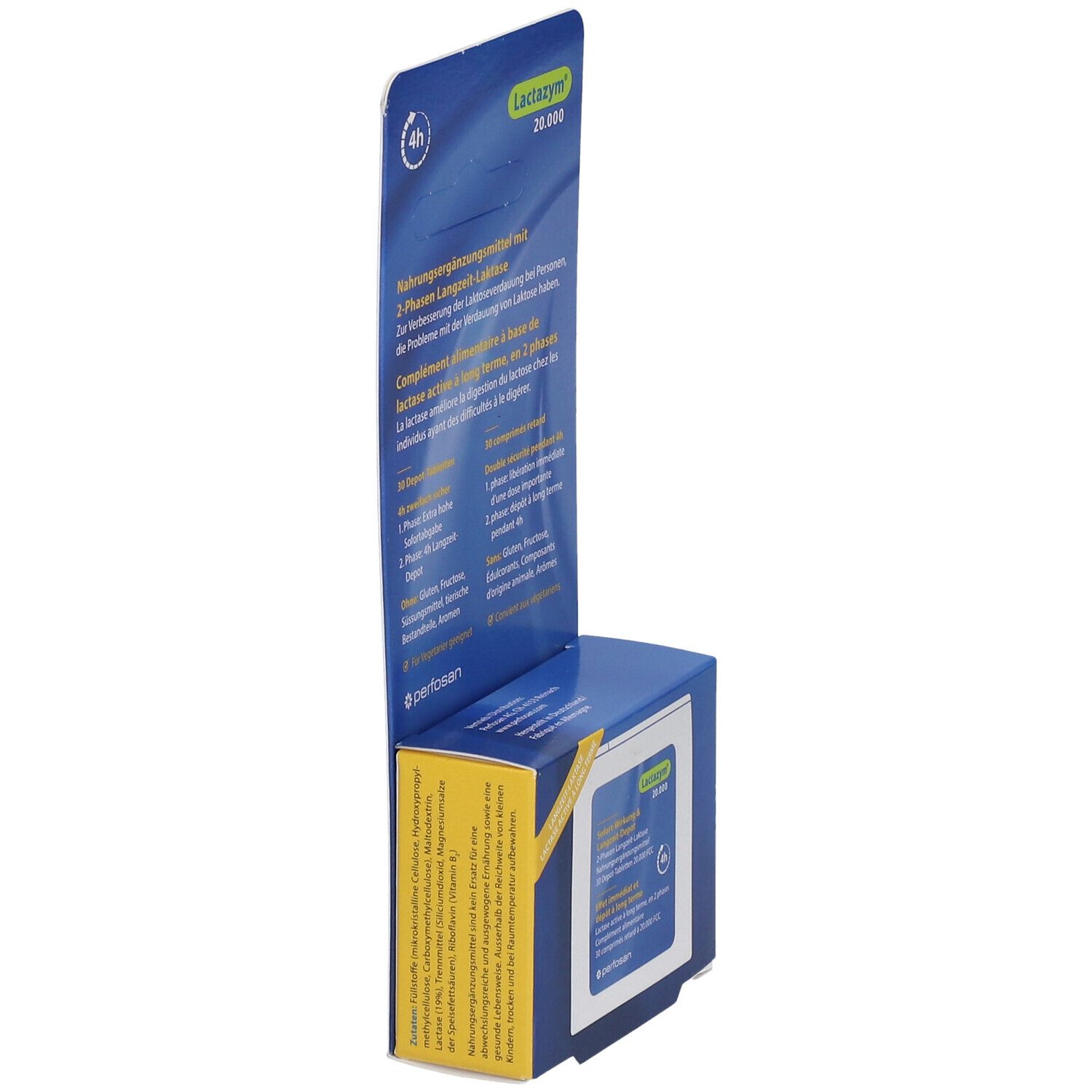 Vue latérale de l'emballage bleu et jaune Lactazym 20.000. Texte et informations sur le produit au dos. Design perforé.