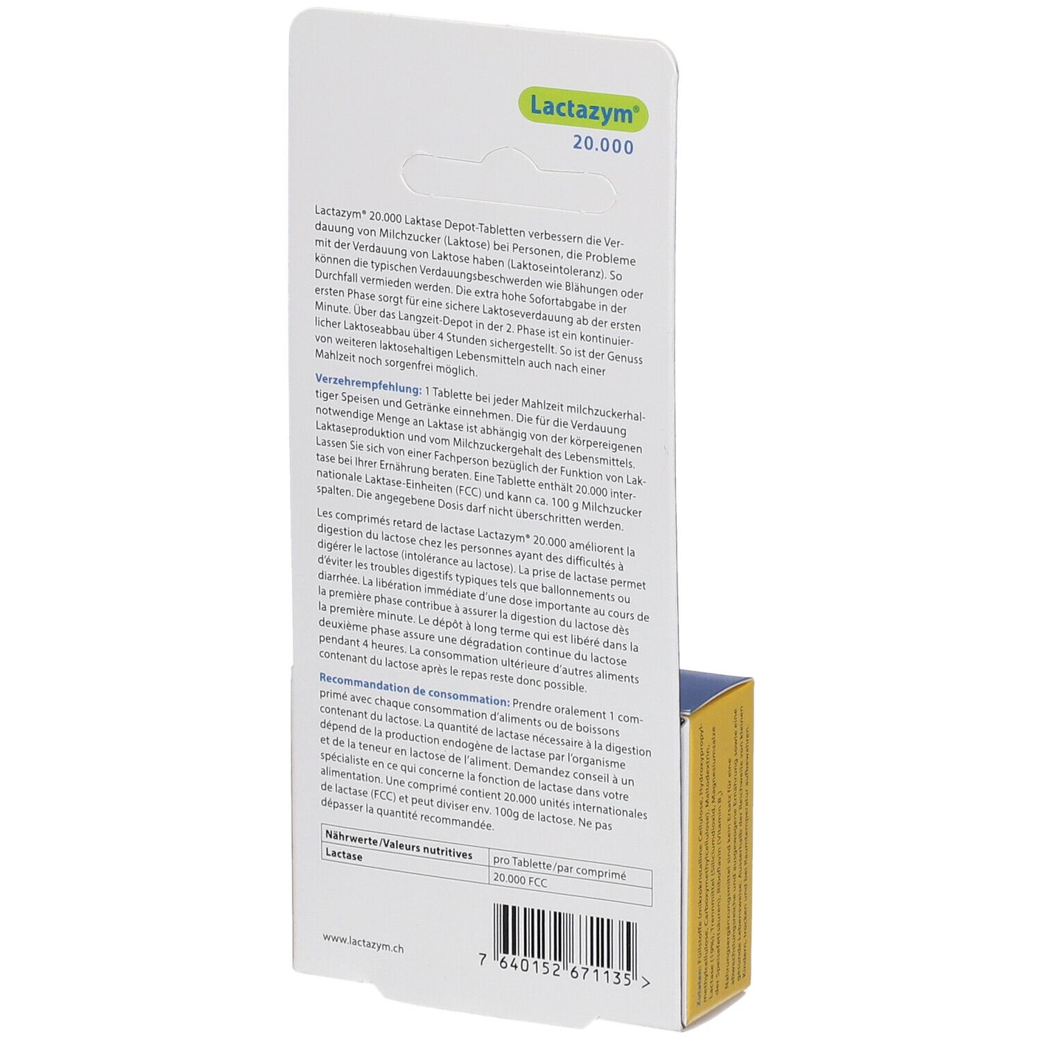 Dos de l'emballage Lactazym 20.000. Texte avec informations sur le produit et ingrédients. Fond jaune.